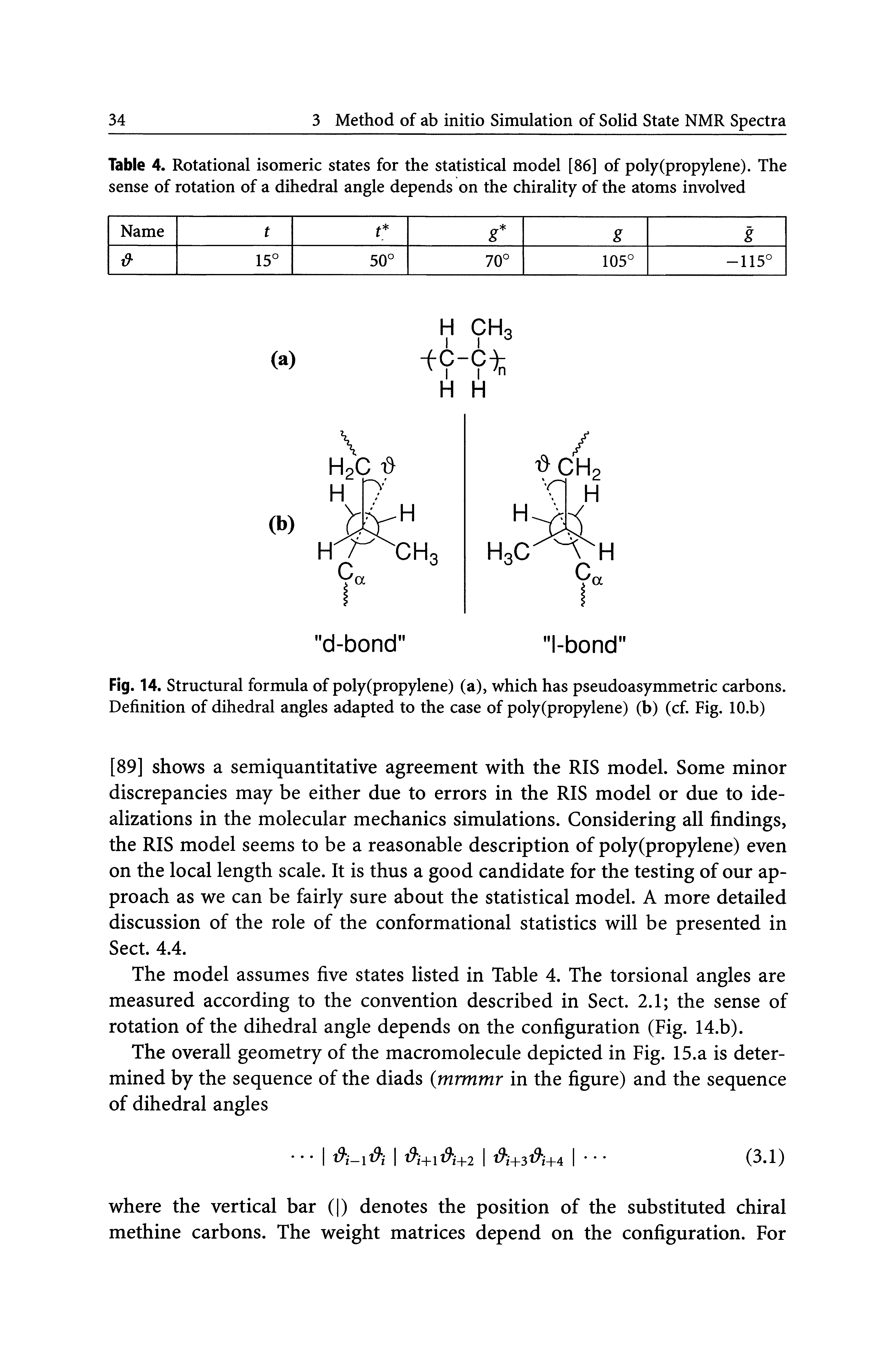 Fig. 14. Structural formula of poly(propylene) (a), which has pseudoasymmetric carbons. Definition of dihedral angles adapted to the case of poly(propylene) (b) (cf. Fig. lO.b)...