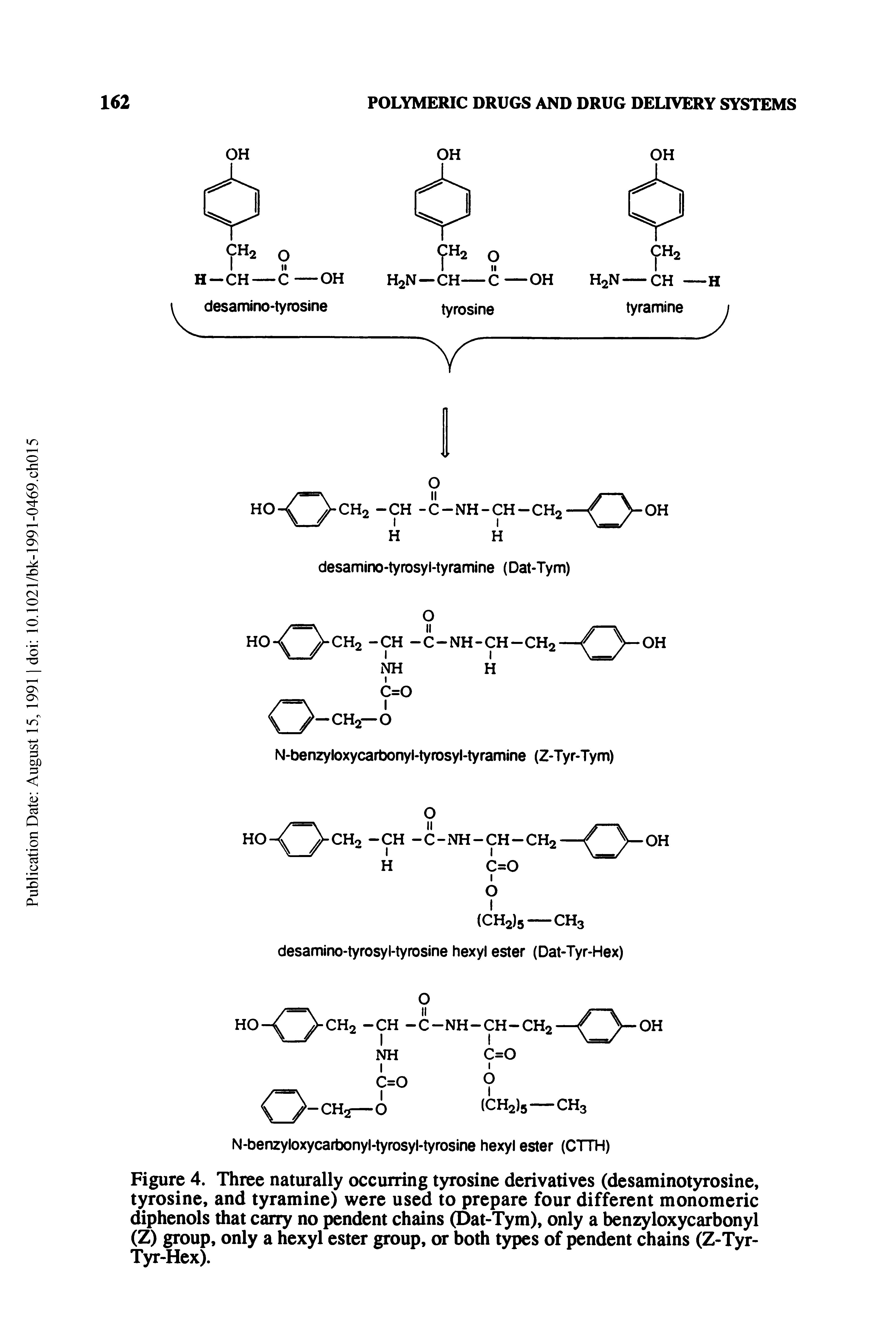 Figure 4. Three naturally occurring tyrosine derivatives (desaminotyrosine, tyrosine, and tyramine) were used to prepare four different monomeric diphenols that carry no pendent chains (Dat-Tym), only a benzyloxycarbonyl (Z) group, only a hexyl ester group, or both types of pendent chains (Z-Tyr-Tyr-Hex).