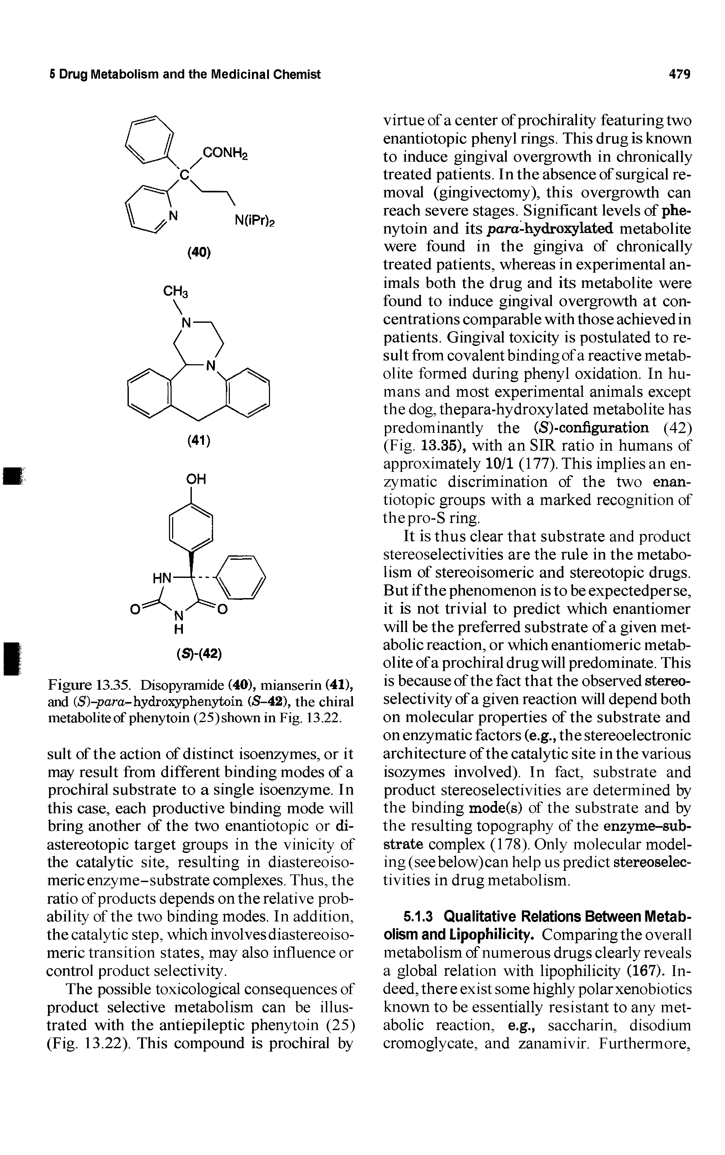 Figure 13.35. Disopyramide (40), mianserin (41), and (5)-para-hydroxyphen3doin (S-42), the chiral metabolite of phenytoin (25)shown in Fig. 13.22.