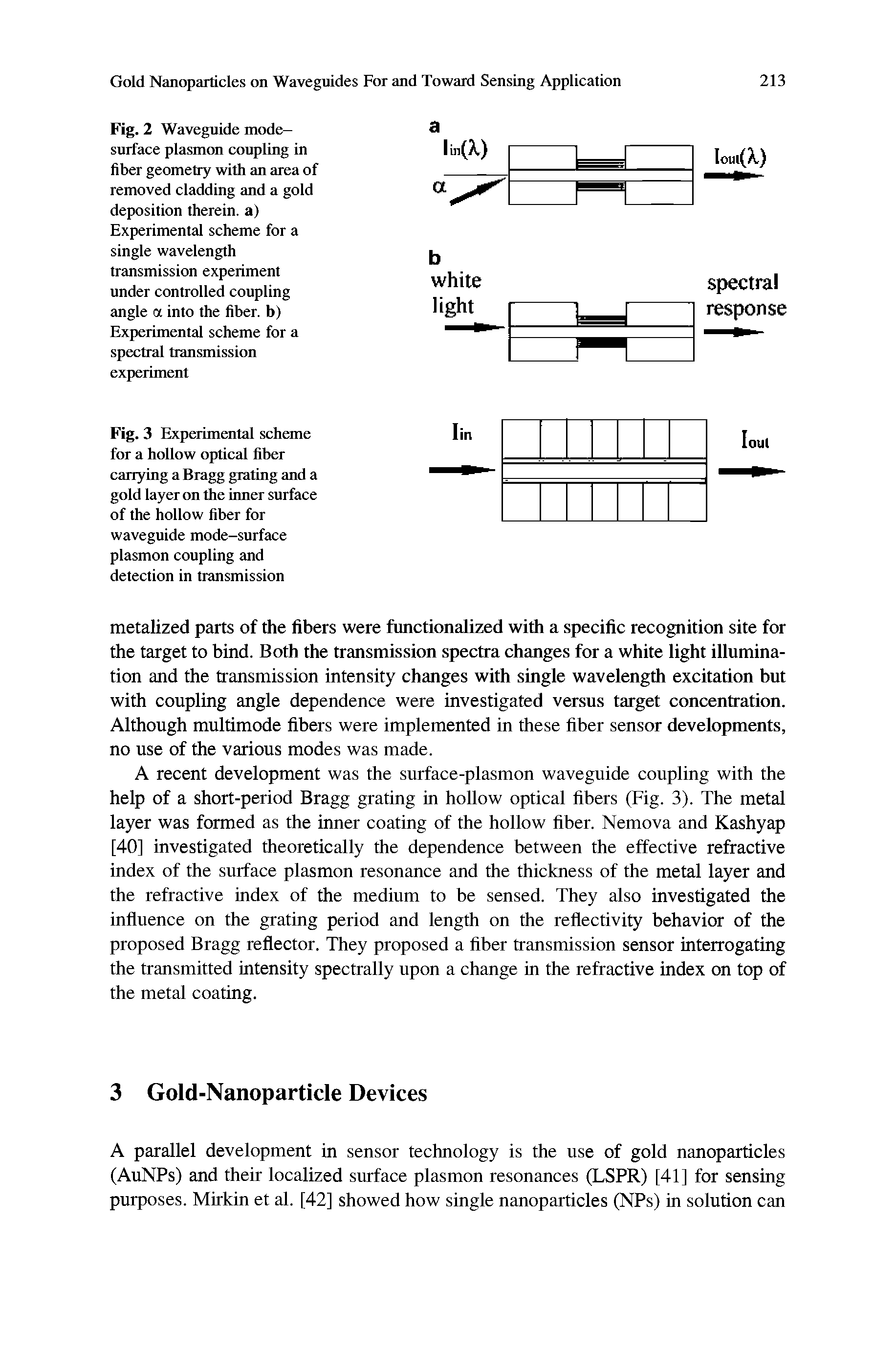Fig. 2 Waveguide mode-surface plasmon coupling in fiber geometry with an area of removed cladding and a gold deposition therein, a) Experimental scheme for a single wavelength transmission experiment under controlled coupling angle a into the fiber, b) Experimental scheme for a spectral transmission experiment...