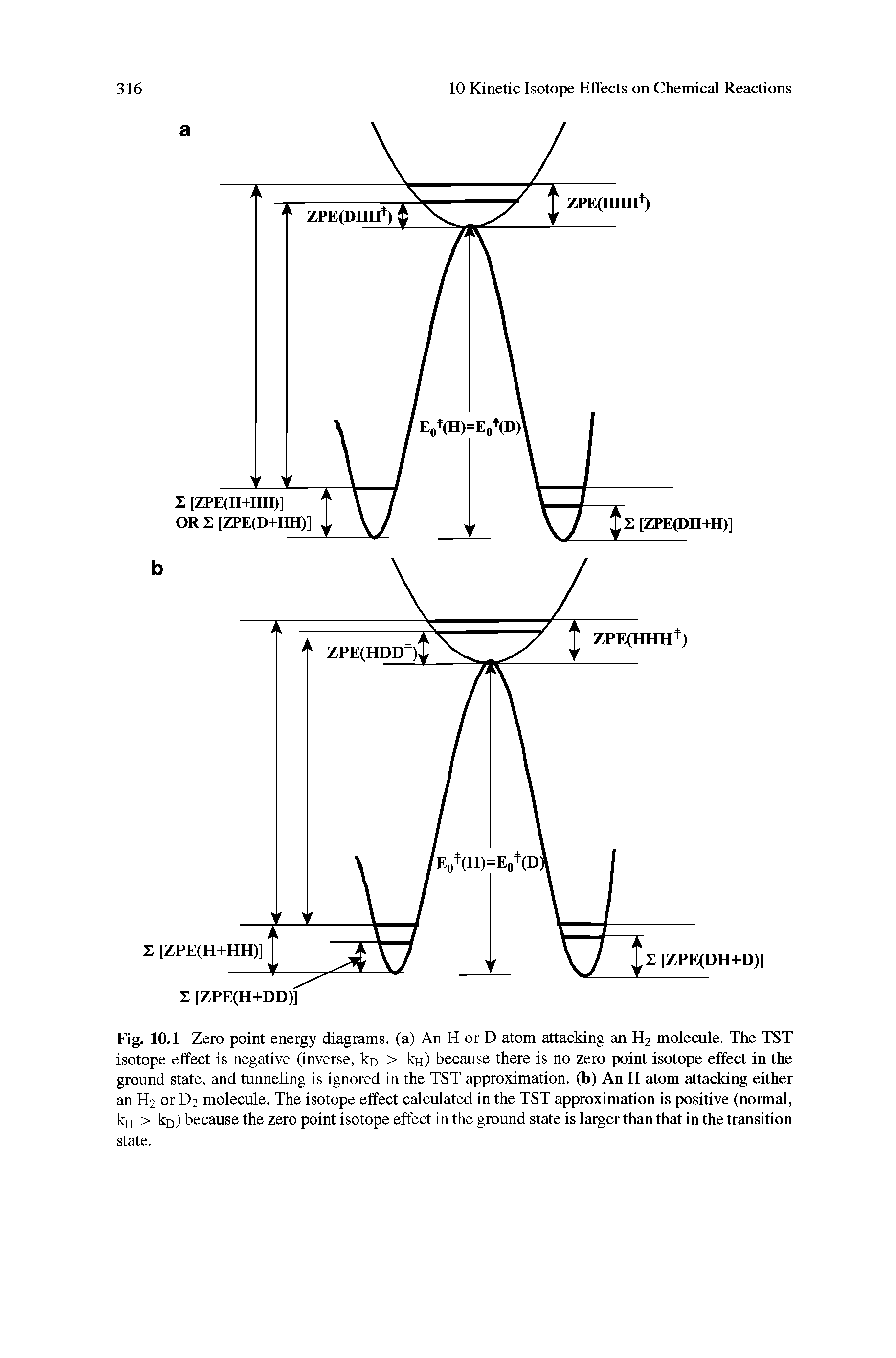 Fig. 10.1 Zero point energy diagrams, (a) An H or D atom attacking an H2 molecule. The TST isotope effect is negative (inverse, kn > kn) because there is no zero point isotope effect in the ground state, and tunneling is ignored in the TST approximation, (b) An H atom attacking either an H2 or D2 molecule. The isotope effect calculated in the TST approximation is positive (normal, kH > kn) because the zero point isotope effect in the ground state is larger than that in the transition state.