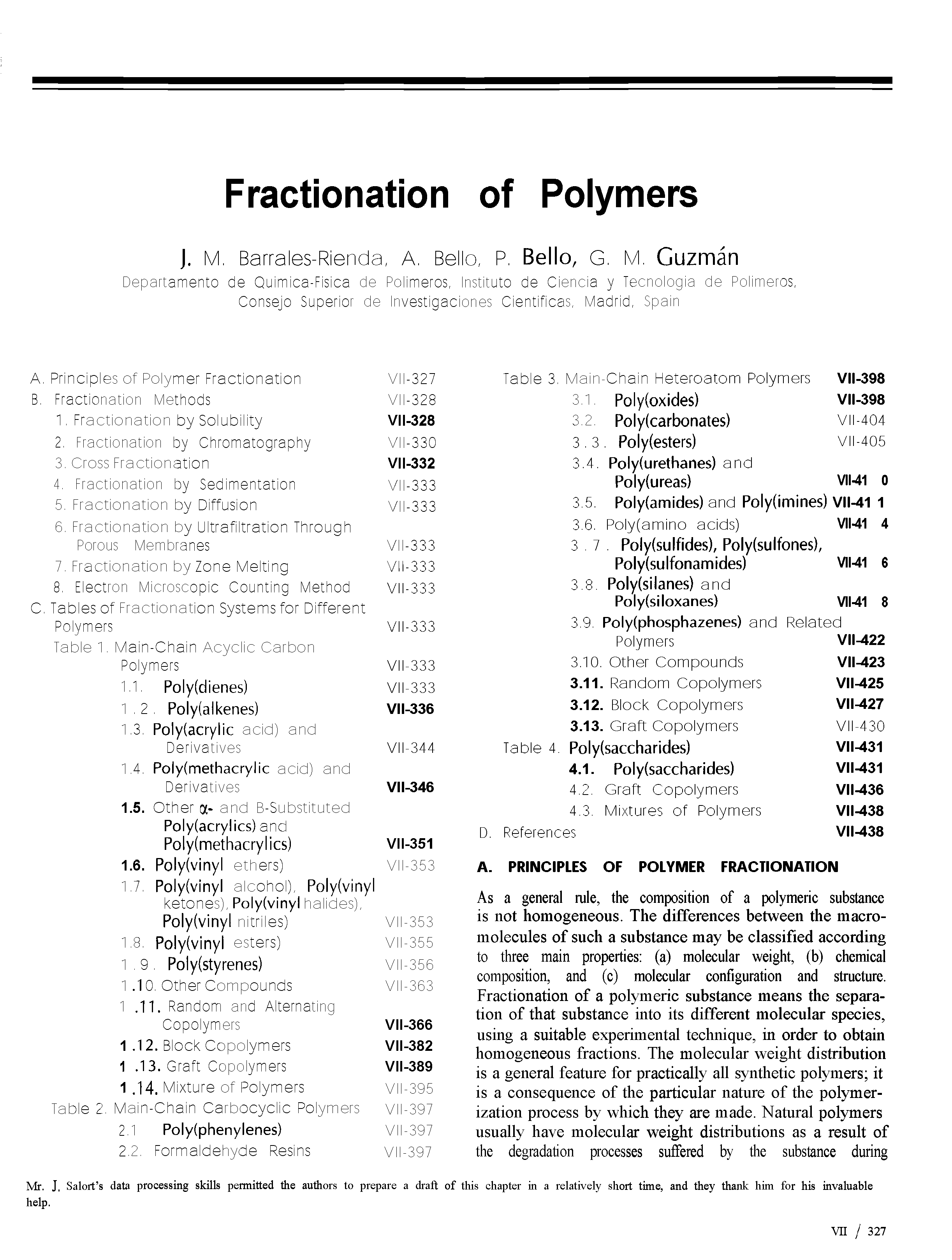 Tables of Fractionation Systems for Different Poly(siloxanes) VII41 8...