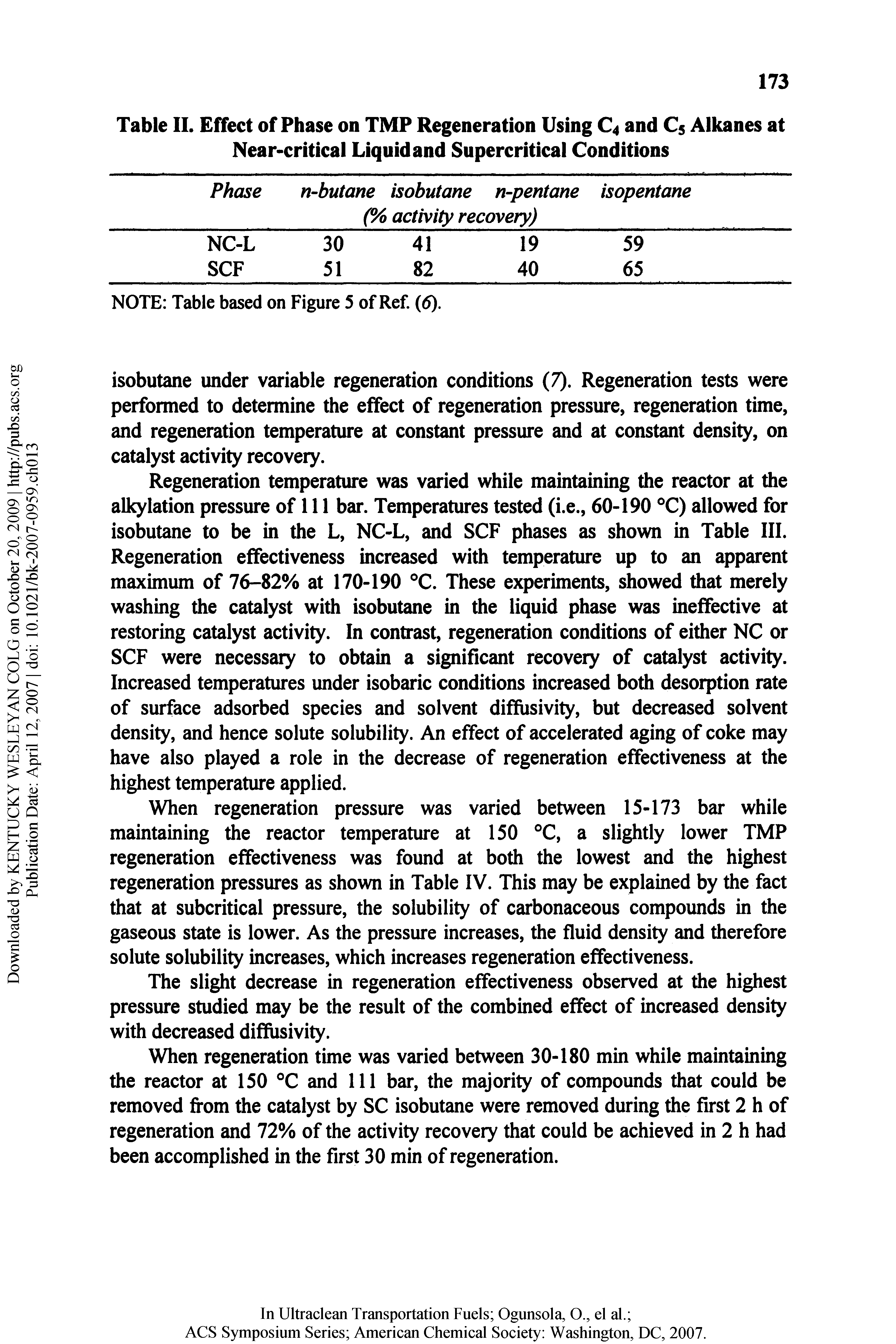 Table IL Effect of Phase on TMP Regeneration Using C4 and C5 Alkanes at Near-critical Liquid and Supercritical Conditions...