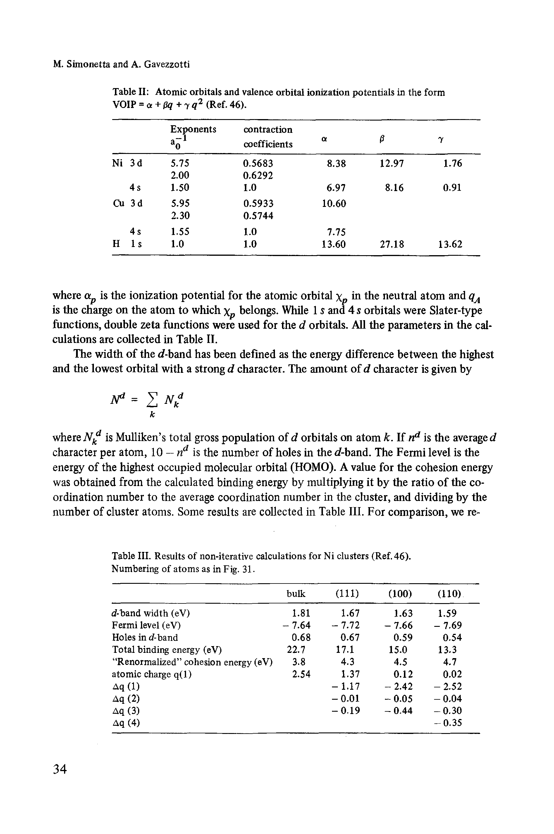 Table III. Results of non-iterative calculations for Ni clusters (Ref. 46). Numbering of atoms as in Fig. 31.