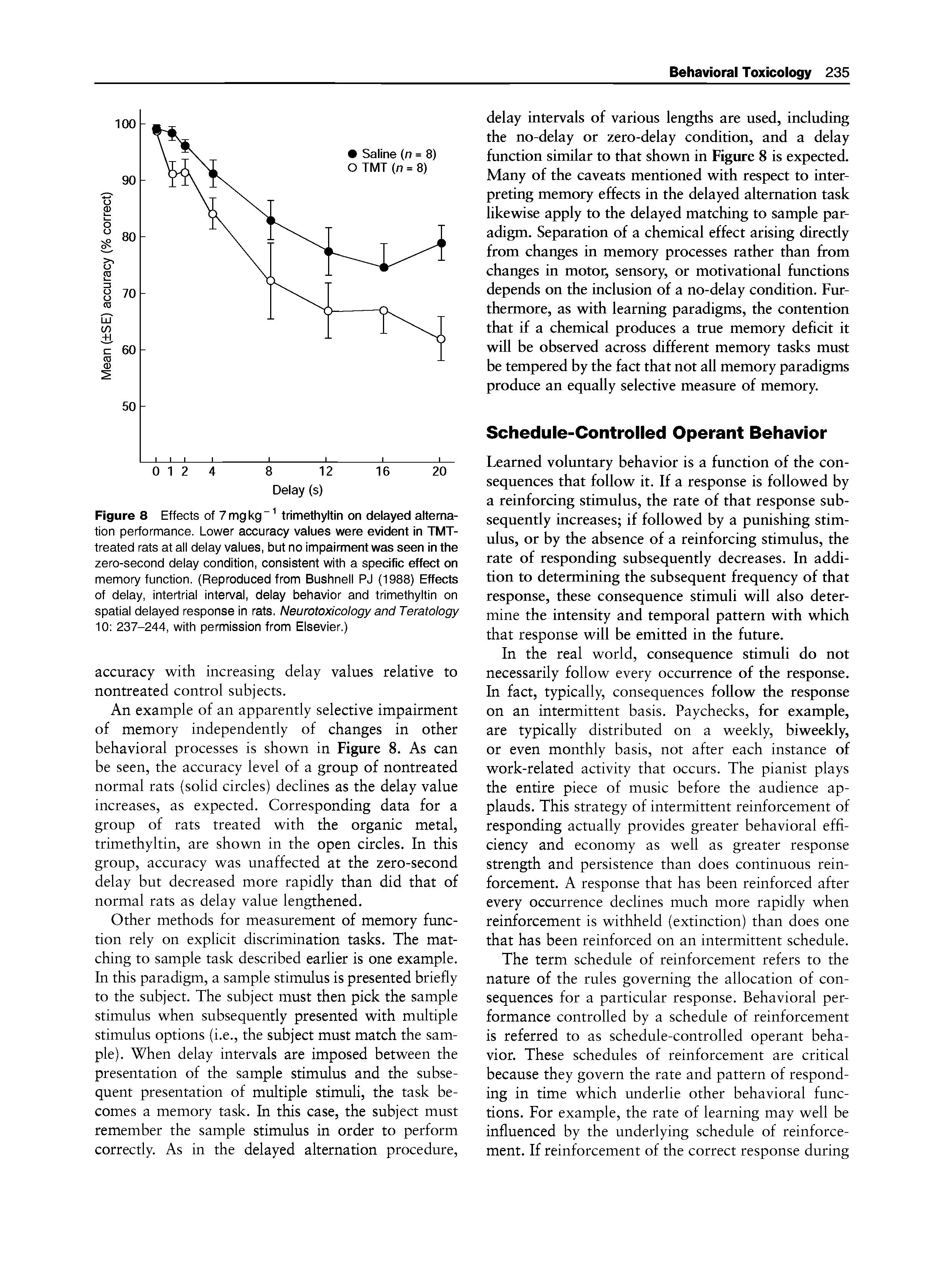 Figure 8 Effects of 7 mg kg trimethyltin on delayed alternation performance. Lower accuracy values were evident in TMT-treated rats at all delay values, but no impairment was seen in the zero-second delay condition, consistent with a specific effect on memory function. (Reproduced from Bushnell PJ (1988) Effects of delay, intertrial interval, delay behavior and trimethyltin on spatial delayed response in rats. Neurotoxicology and Teratology 10 237-244, with permission from Elsevier.)...