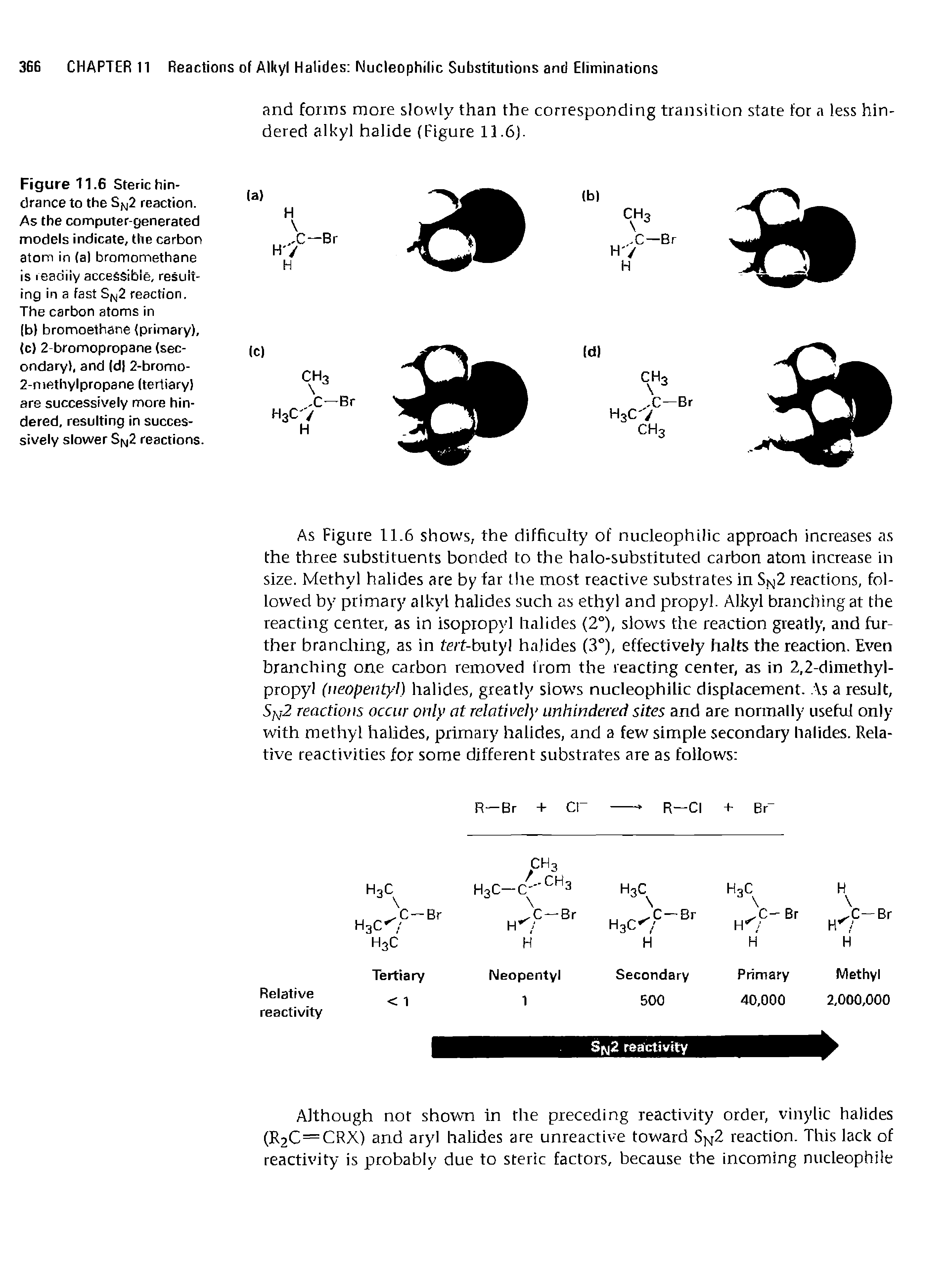 Figure 11.6 Steric hindrance to the Sn2 reaction. As the computer-generated models indicate, the carbon atom in (a) bromomethane is readily accessible, resulting in a fast Sfyj2 reaction. The carbon atoms in...