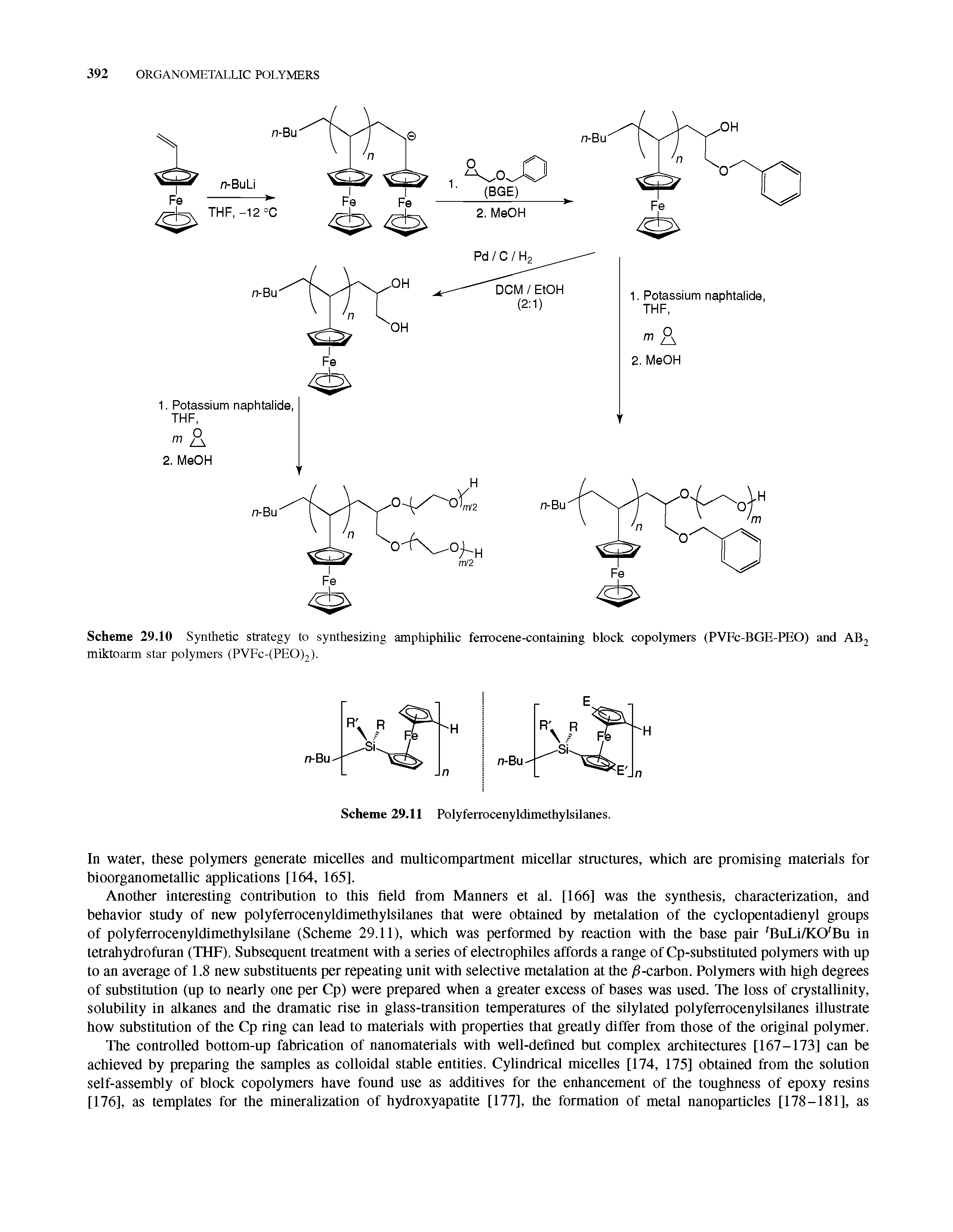 Scheme 29.10 Synthetic strategy to synthesizing amphiphilic ferrocene-containing block copolymers (PVFc-BGE-PEO) and ABj miktoarm star polymers (PVFc-(PEO)2).