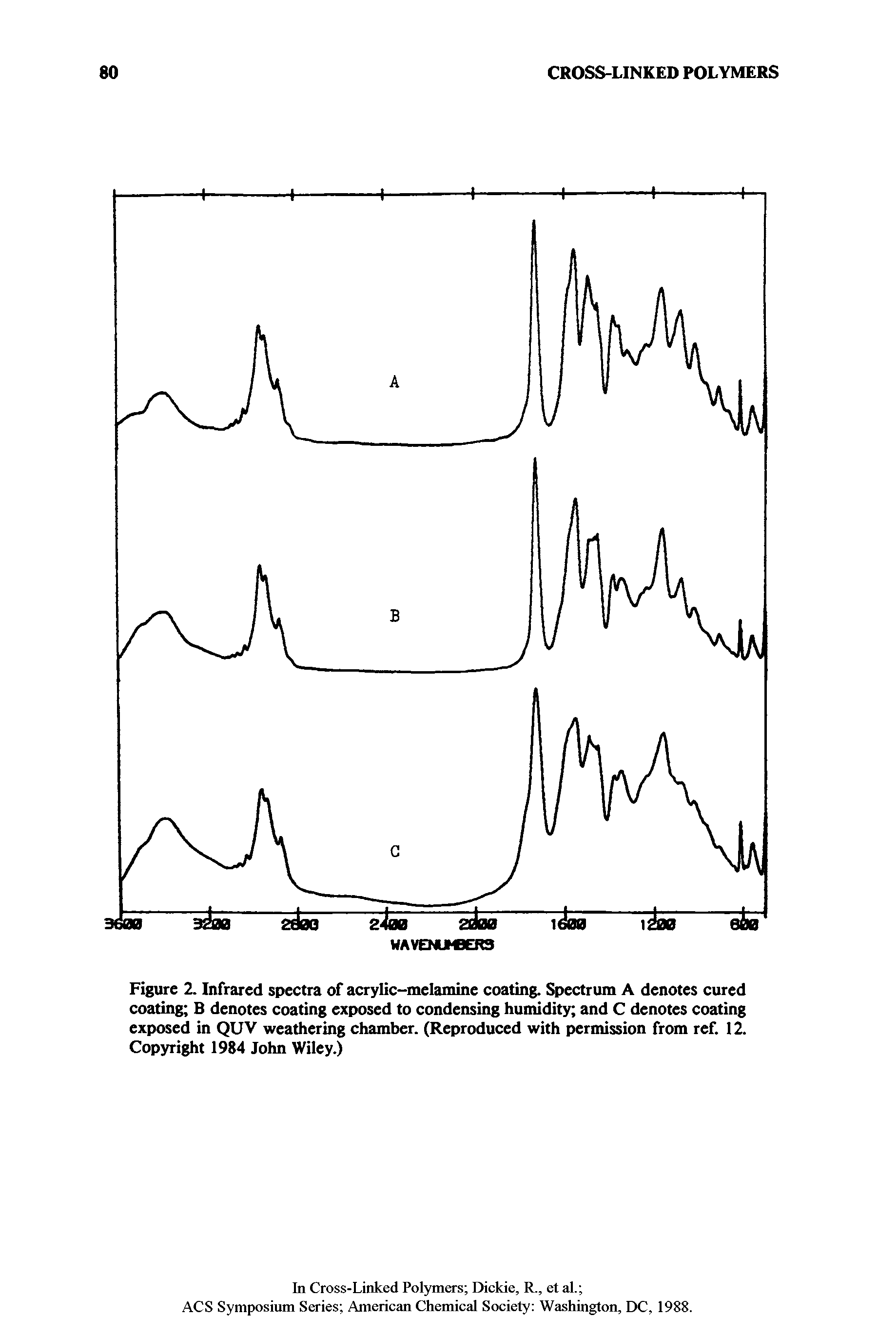 Figure 2. Infrared spectra of acrylic-melamine coating. Spectrum A denotes cured coating B denotes coating exposed to condensing humidity and C denotes coating exposed in QUV weathering chamber. (Reproduced with permission from ref. 12. Copyright 1984 John Wiley.)...