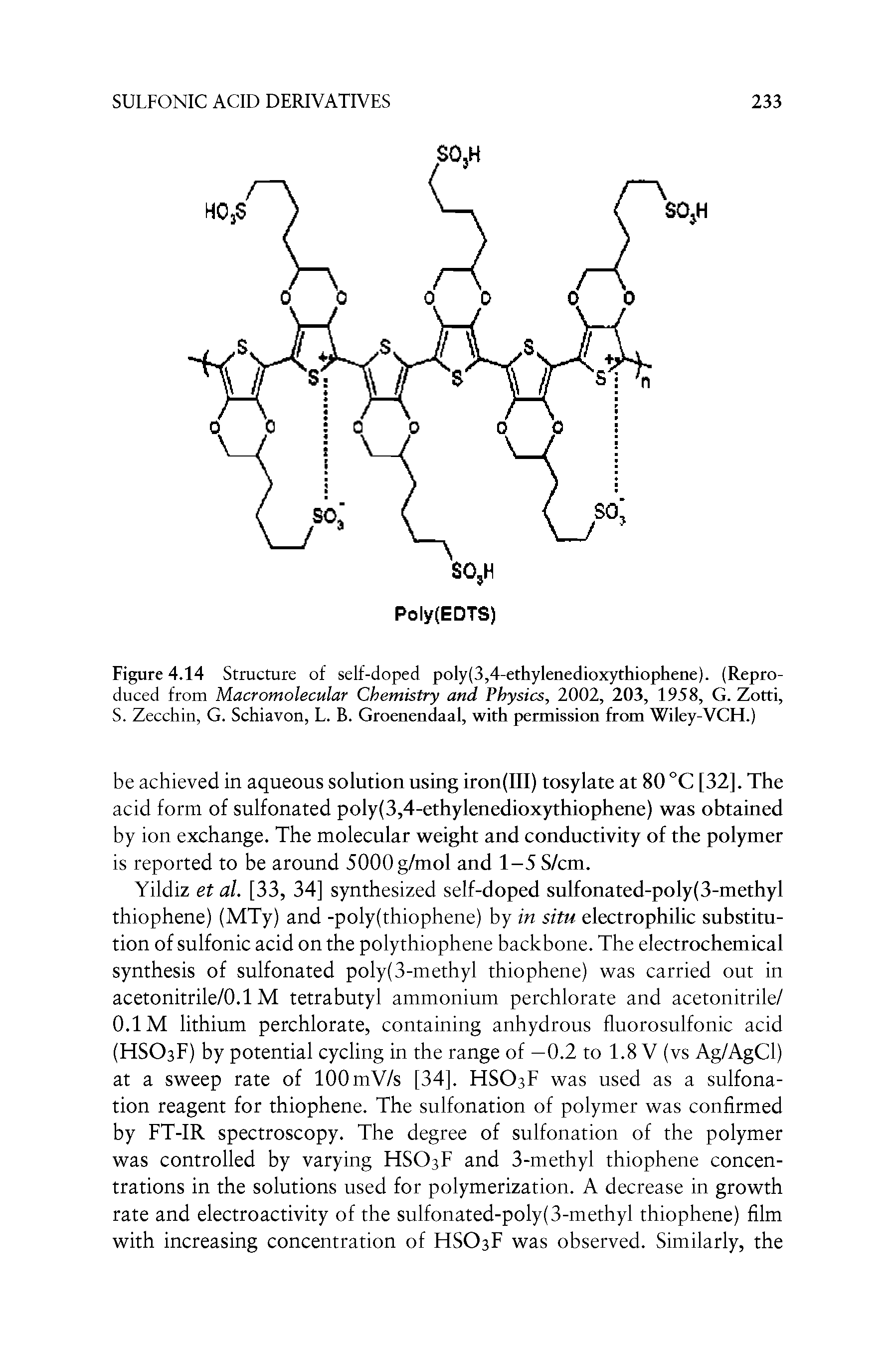 Figure 4.14 Structure of self-doped poly(3,4-ethylenedioxythiophene). (Reproduced from Macromolecular Chemistry and Physics, 2002, 203, 1958, G. Zotti, S. Zecchin, G. Schiavon, L. B. Groenendaal, with permission from Wiley-VCH.)...