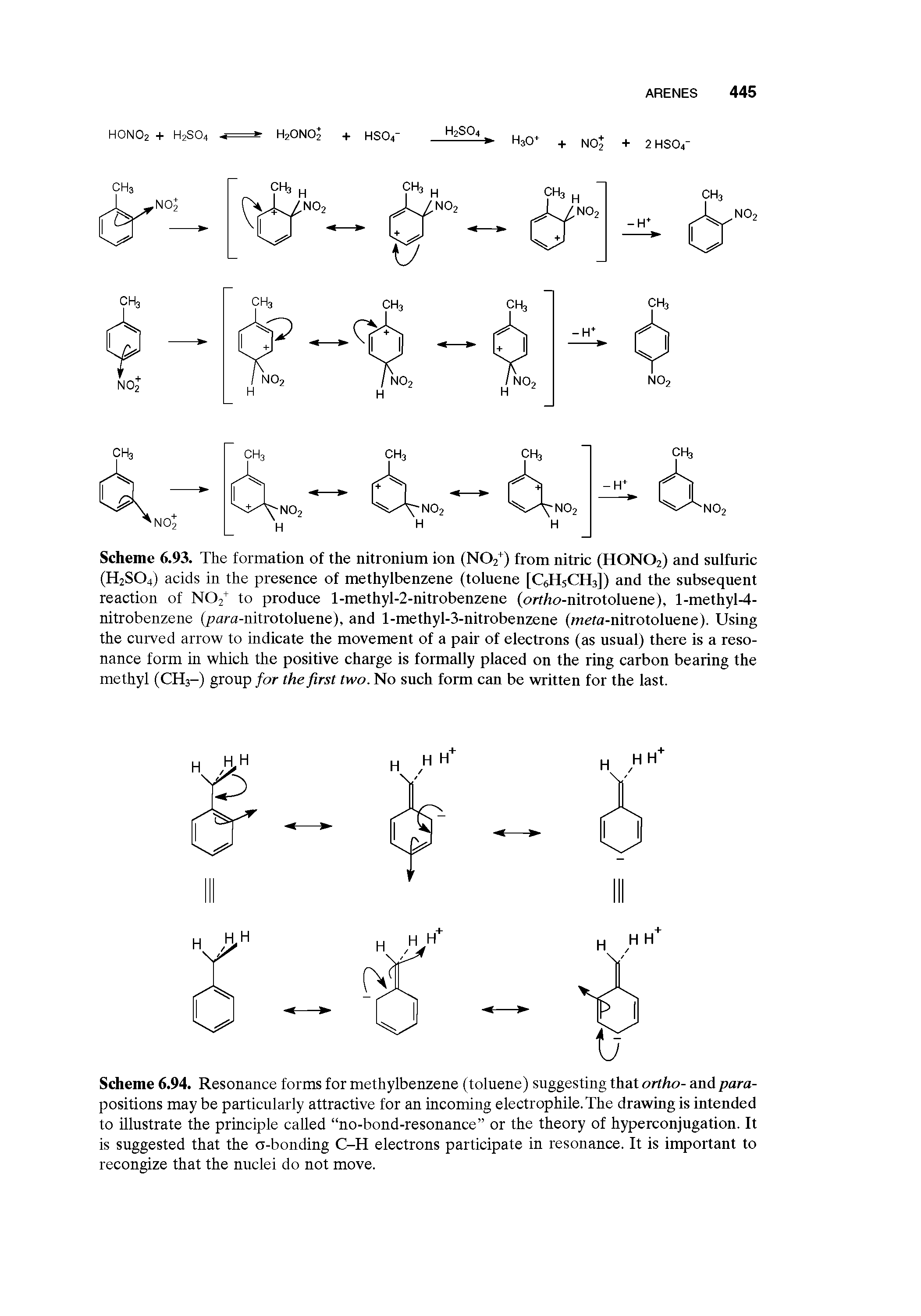 Scheme 6.93. The formation of the nitronium ion (NO2 ) from nitric (HONO2) and snlfuric (H2SO4) acids in the presence of methylbenzene (tolnene [C6HSCH3]) and the snbseqnent reaction of N02" to prodnce l-methyl-2-nitrobenzene (orf/jo-nitrotolnene), l-methyl-4-nitrobenzene (para-nitrotolnene), and l-methyl-3-nitrobenzene (mefa-nitrotolnene). Using the curved arrow to indicate the movement of a pair of electrons (as nsual) there is a resonance form in which the positive charge is formally placed on the ring carbon bearing the methyl (CH3-) group for the first two. No such form can be written for the last.