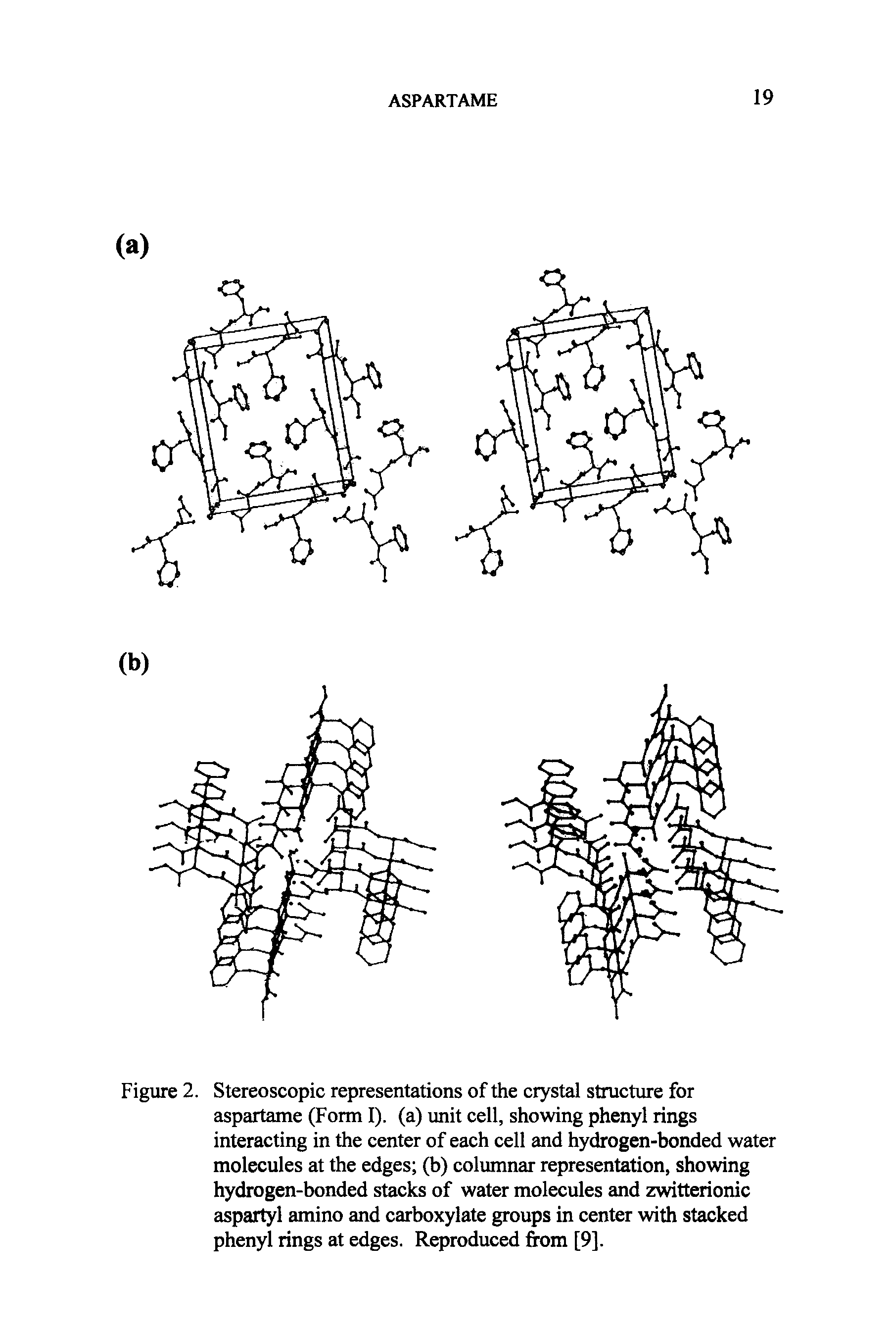 Figure 2. Stereoscopic representations of the crystal structure for aspartame (Form I). (a) unit cell, showing phenyl rings interacting in the center of each cell and hydrogen-bonded water molecules at the edges (b) columnar representation, showing hydrogen-bonded stacks of water molecules and zwitterionic aspartyl amino and carboxylate groups in center with stacked phenyl rings at edges. Reproduced from [9].