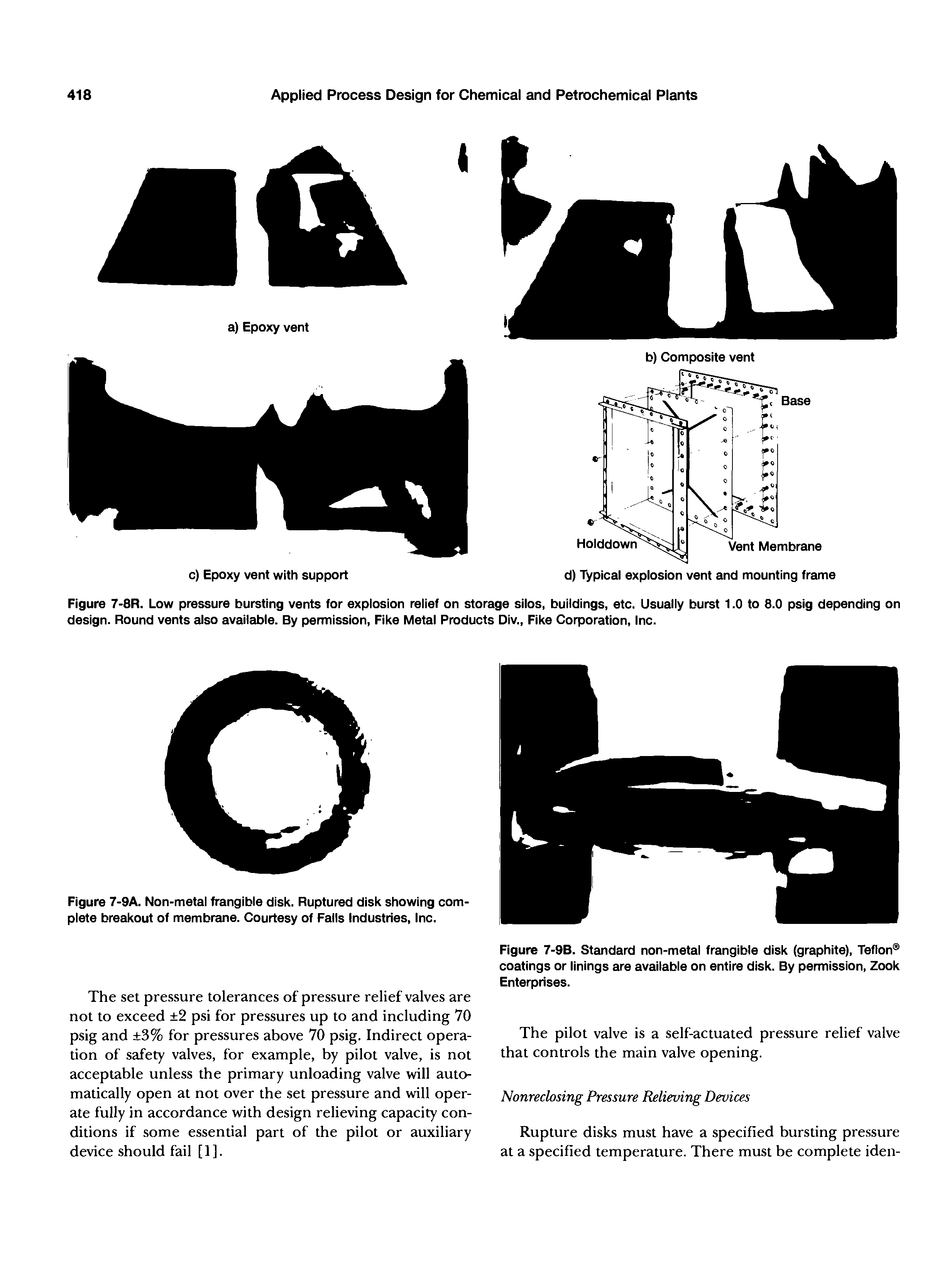 Figure 7-8R. Low pressure bursting vents for explosion relief on storage silos, buildings, etc. Usually burst 1.0 to 8.0 psig depending on design. Round vents also available. By permission, Fike Metal Products DIv., Fike Corporation, Inc.