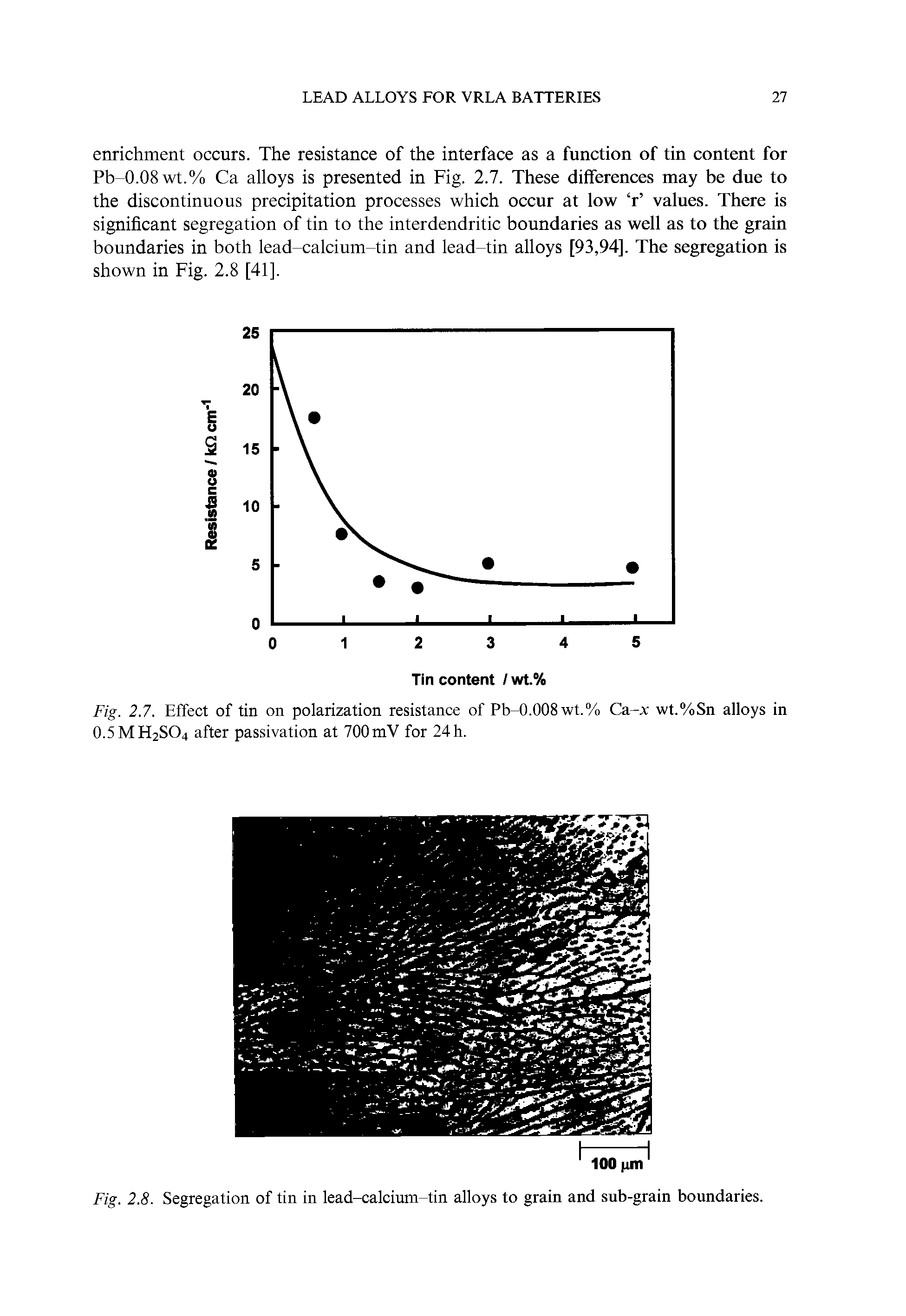 Fig. 2.8. Segregation of tin in lead-calcium-tin alloys to grain and sub-grain boundaries.