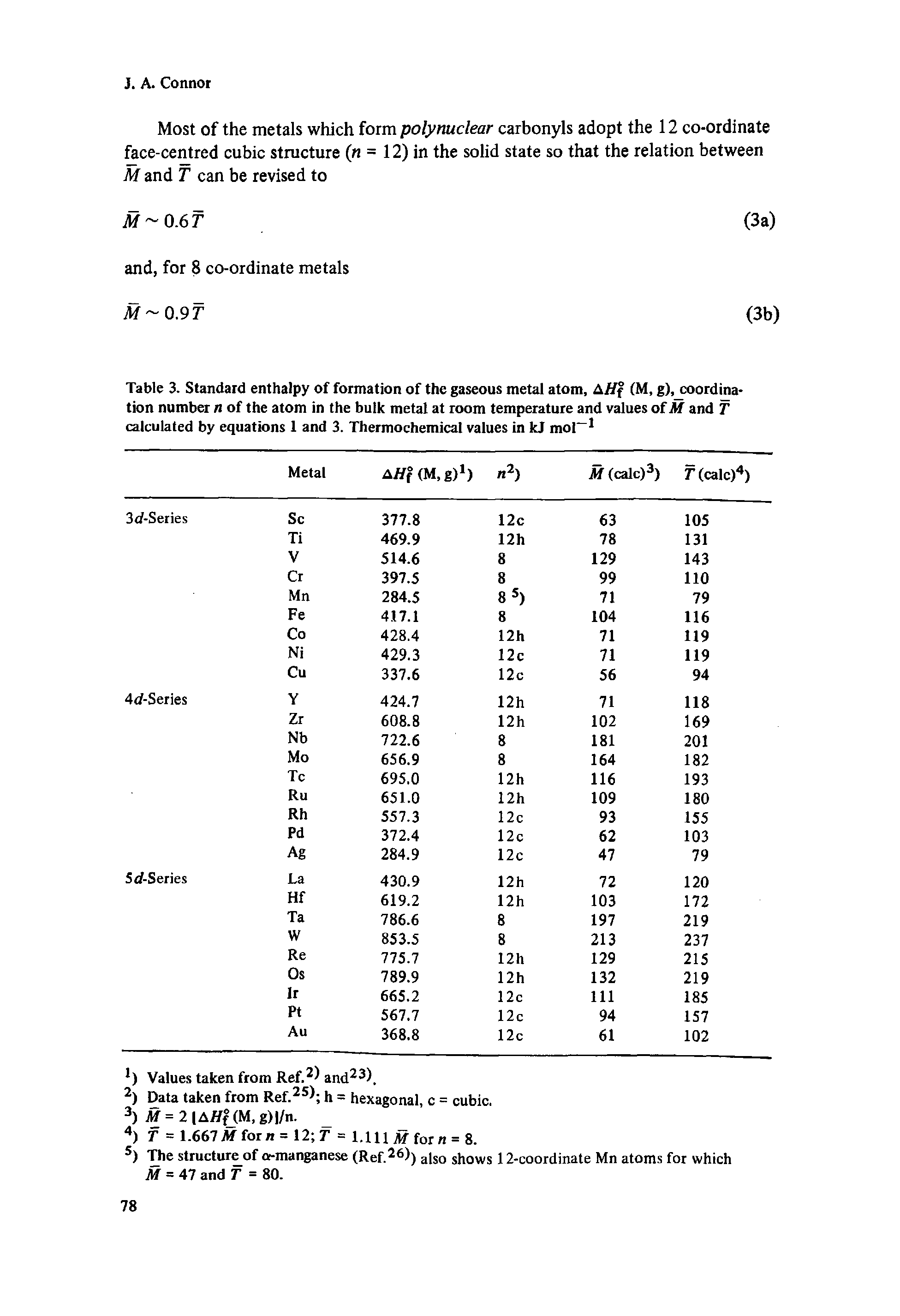Table 3. Standard enthalpy of formation of the gaseous metal atom, A/ff (M, g), coordina-tion number n of the atom in the bulk metal at room temperature and values of M and T calculated by equations 1 and 3. Thermochemical values in kj mol-1...