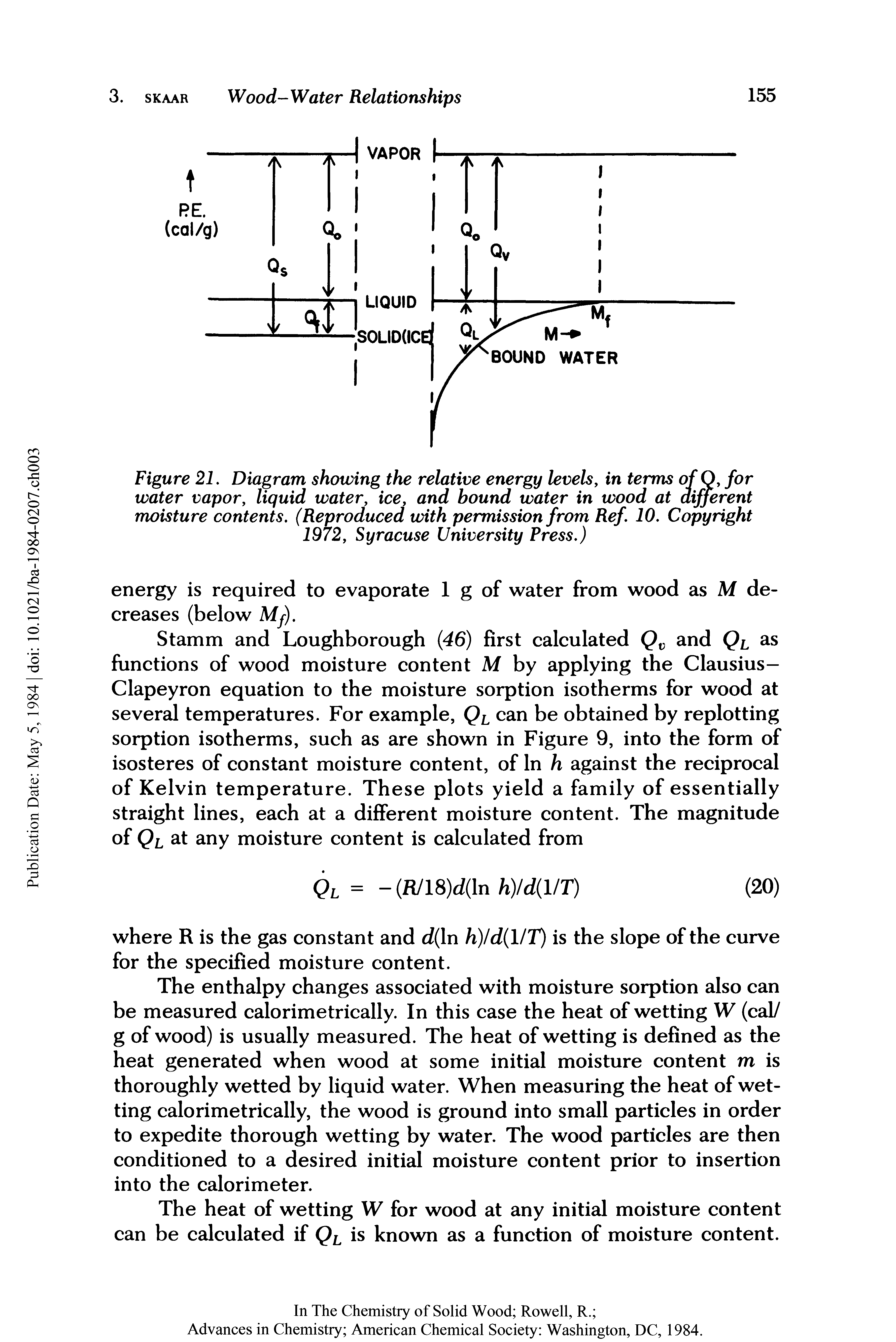 Figure 21. Diagram showing the relative energy levels, in terms of Q, for water vapor, liquid water, ice, and bound water in wood at different moisture contents, (Reproduced with permission from Ref. 10. Copyright 1972, Syracuse University Press.)...