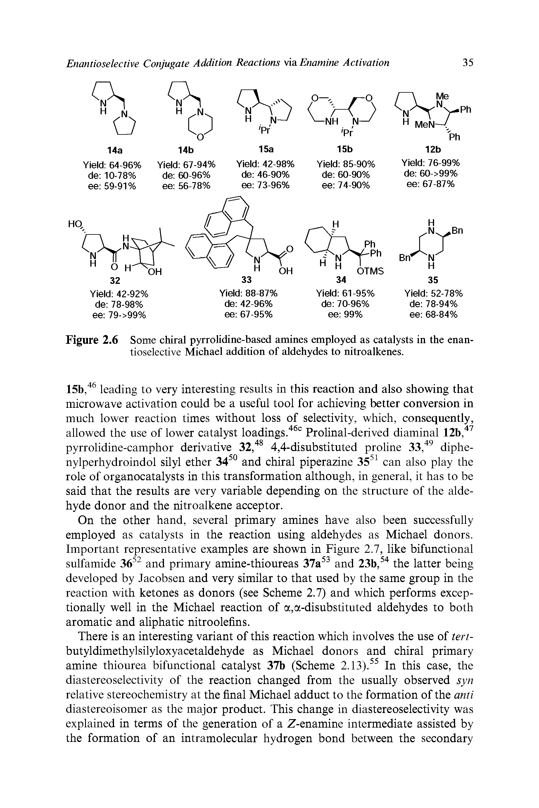 Figure 2.6 Some chiral pyrrolidine-based amines employed as catalysts in the enantioselective Michael addition of aldehydes to nitroalkenes.