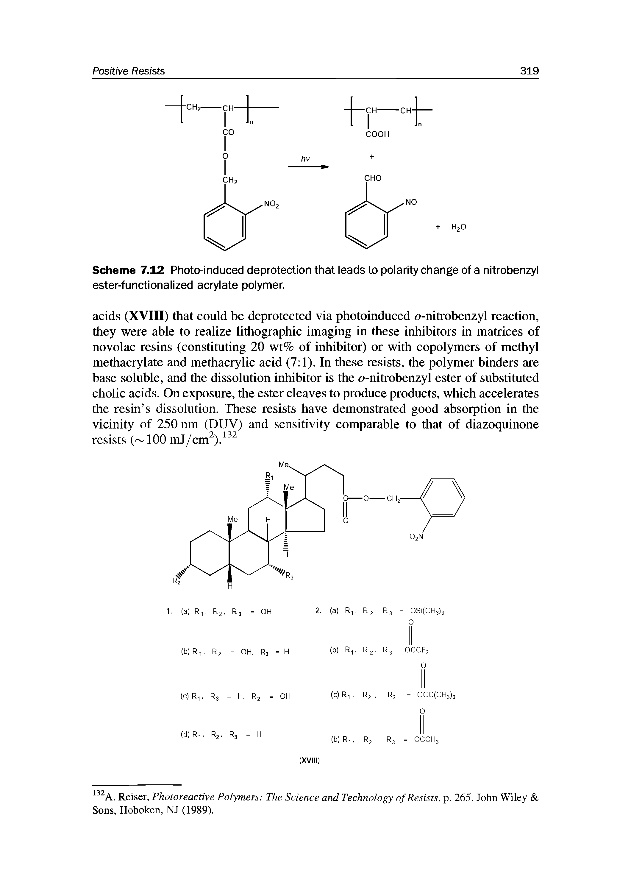 Scheme 7.12 Photo-induced deprotection that leads to polarity change of a nitrobenzyl ester-functionalized acrylate polymer.