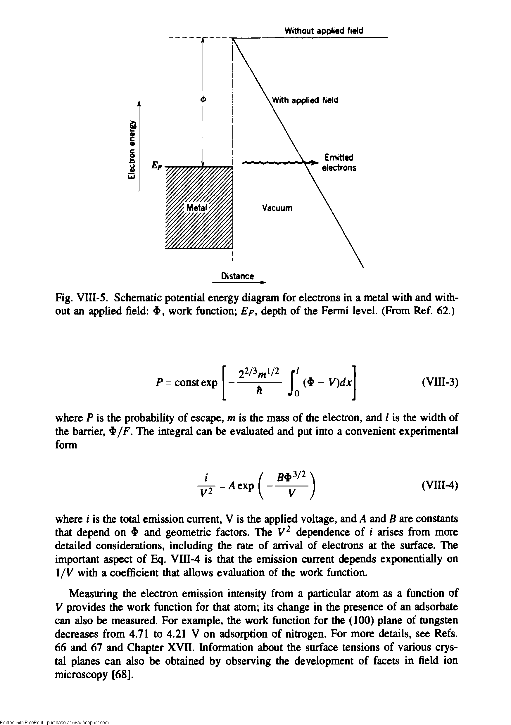 Fig. VIII-5. Schematic potential energy diagram for electrons in a metal with and without an applied field , work function Ep, depth of the Fermi level. (From Ref. 62.)...