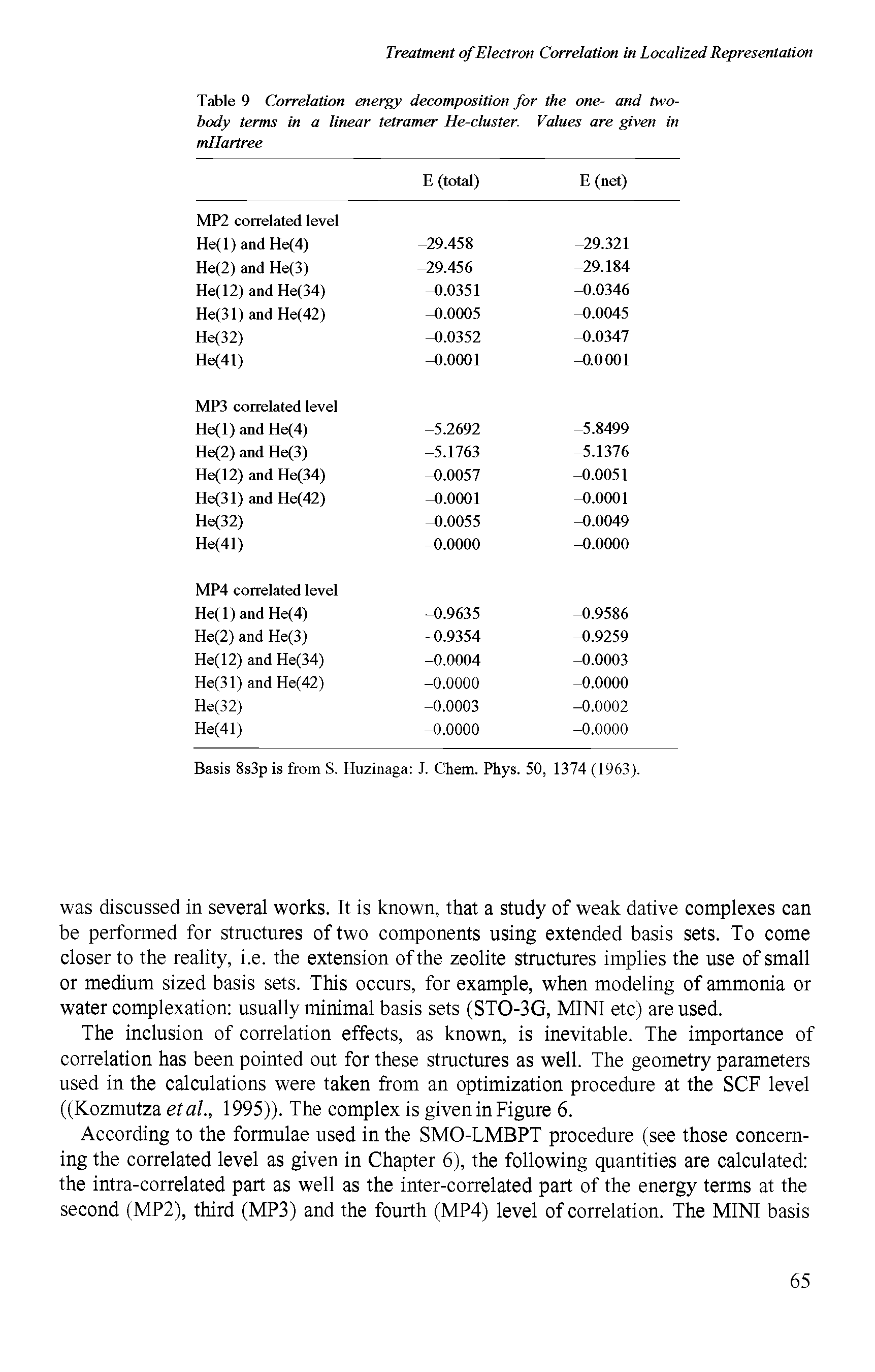 Table 9 Correlation energy decomposition for the one- and two-body terms in a linear tetramer He-cluster. Values are given in mHartree...