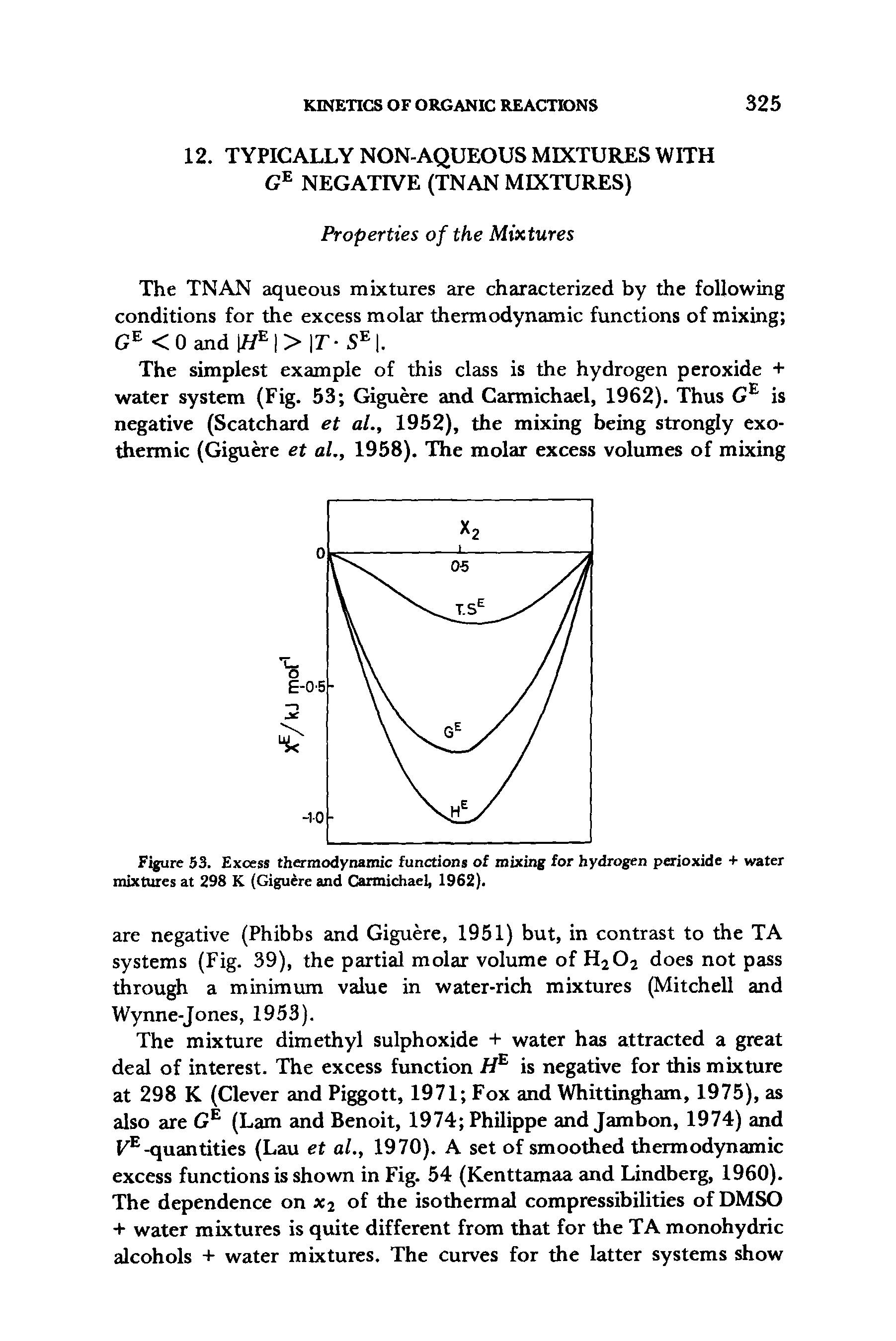 Figure 53. Excess thermodynamic functions of mixing for hydrogen perioxide + water mixtures at 298 K (Giguere and Carmichael, 1962).