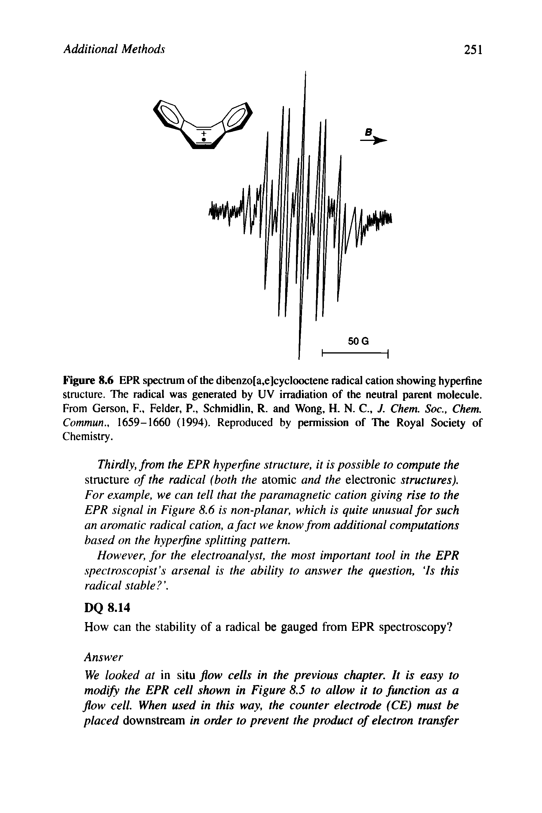 Figure 8.6 EPR spectrum of the dibenzo[a,e]cyclooctene radical cation showing hyperfine structure. The radical was generated by UV irradiation of the neutral parent molecule. From Gerson, F., Felder, P., Schmidlin, R. and Wong, H. N. C., J. Ghent. Soc., Ghent. Gommun., 1659-1660 (1994). Reproduced by permission of The Royal Society of Chemistry.