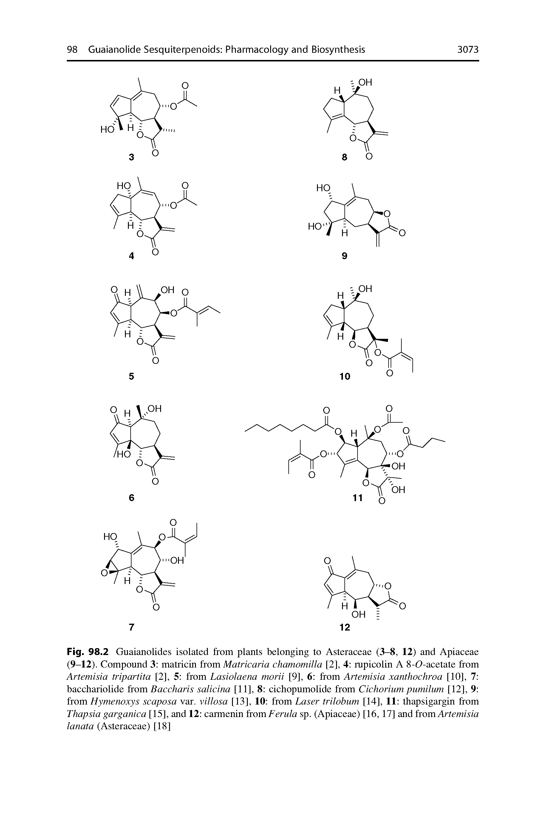 Fig. 98.2 Guaianolides isolated from plants belonging to Asteraceae (3-8, 12) and Apiaceae (9-12). Compound 3 matricin fmm Matricaria chamomilla [2], 4 mpicolin A 8-0-acetate from Artemisia tripartita [2], 5 from Lasiolaena morii [9], 6 from Artemisia xanthochroa [10], 7 bacchariolide from Baccharis salicina [11], 8 cichopumolide from Cichorium pumilum [12], 9 from Hymenoxys scaposa var. villosa [13], 10 from Laser trilobum [14], 11 thapsigargin from Thapsia garganica [15], and 12 carmenin fromFerula sp. (Apiaceae) [16, 17] and from Artemisia lanata (Asteraceae) [18]...