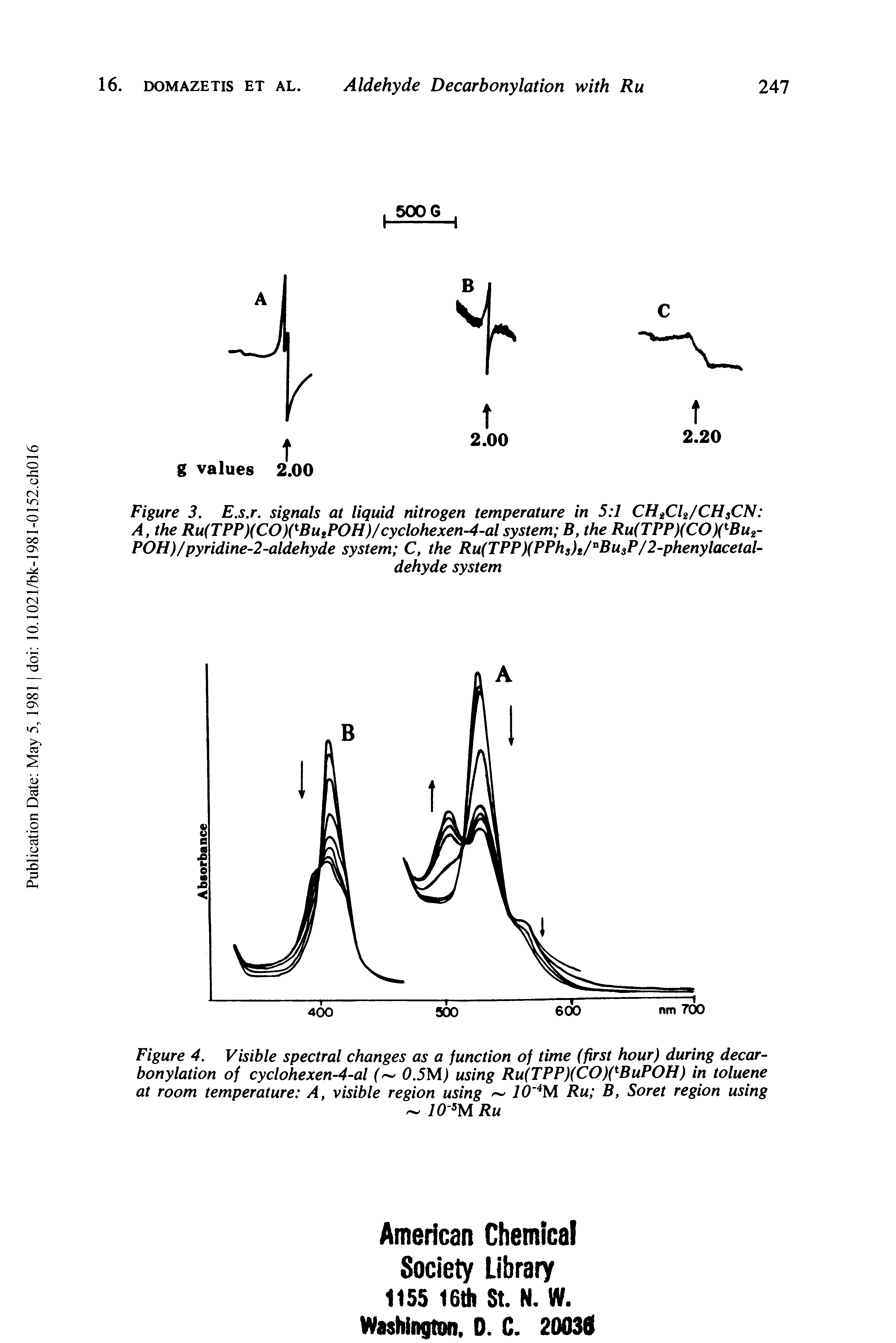 Figure 3. E.s.r. signals at liquid nitrogen temperature in 5 1 CH2Cl2/CH CN A, the Ru(TPP)(CO)(tButPOH)/cyclohexen-4-al system B, the Ru(TPP)(CO)( Bu2-POH)/pyridine-2-aldehyde system C, the Ru(TPP)(PPhs)t/nBusP/2-phenylacetal-...