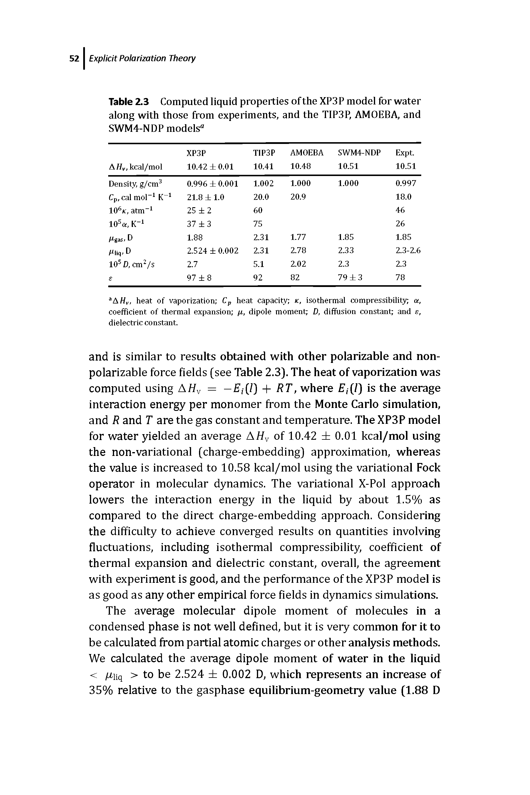 Table 2.3 Computed liquid properties of the XP3 P model for water along with those from experiments, and the T1P3P, AMOEBA, and SWM4-NDP models"...