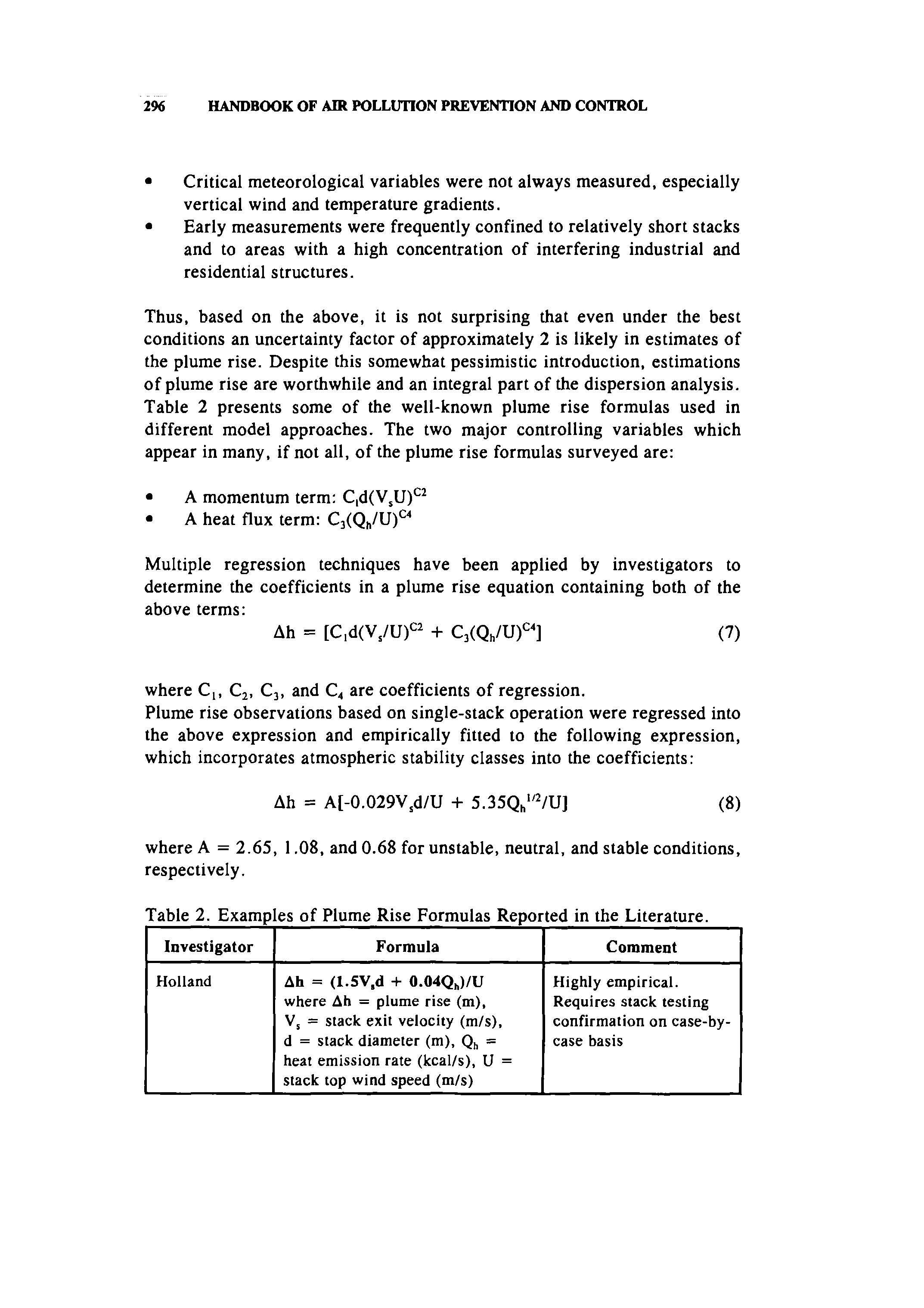 Table 2. Examples of Plume Rise Formulas Reported in the Literature...