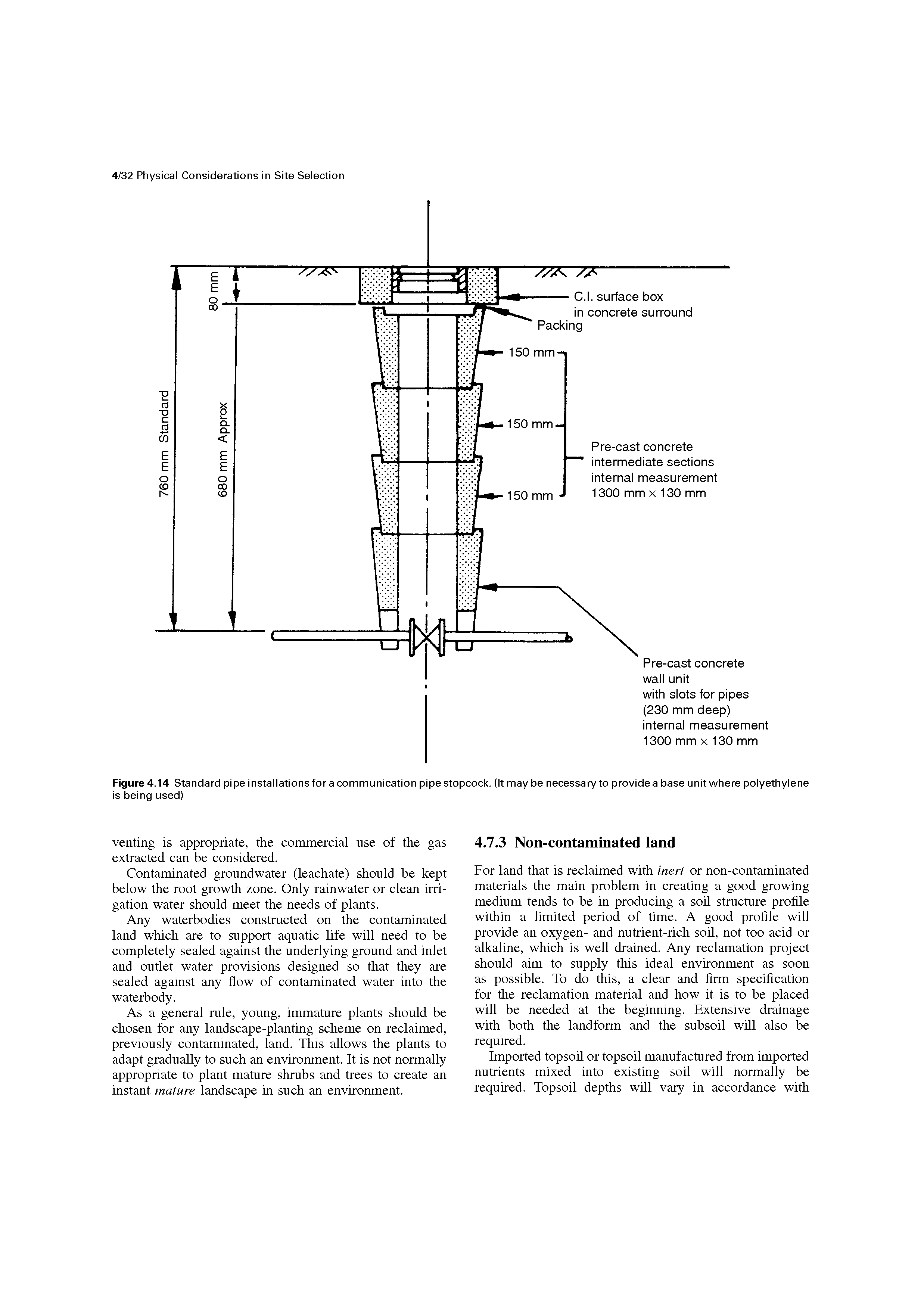 Figure 4.14 Standard pipe installations for a communication pipe stopcock. (It may be necessary to provide a base unit where polyethylene is being used)...