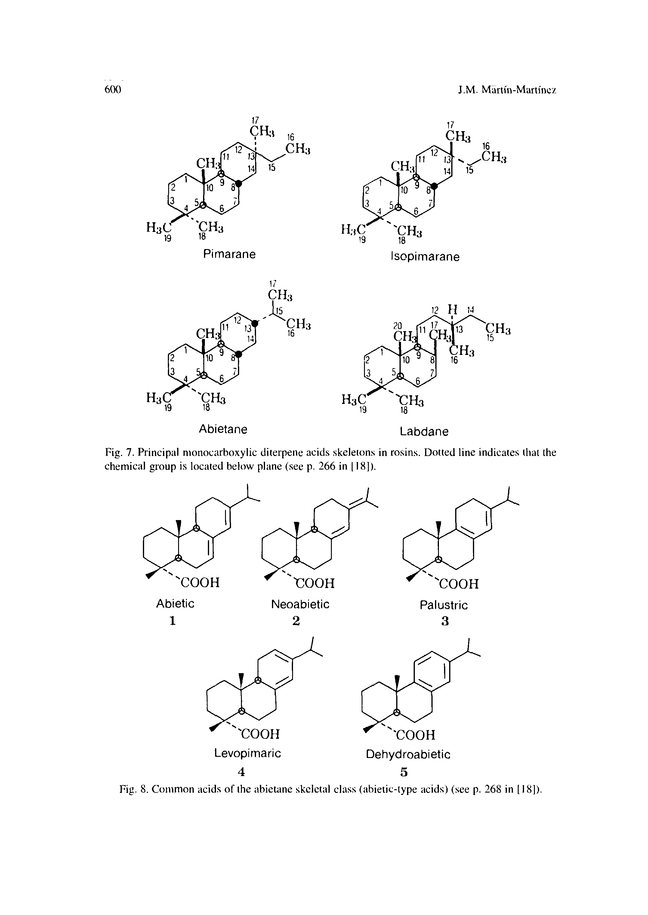 Fig. 7. Principal nionocarboxylic diterpene acids skeletons in rosins. Dotted line indicates that the chemical group is located below plane (see p. 266 in 118]).