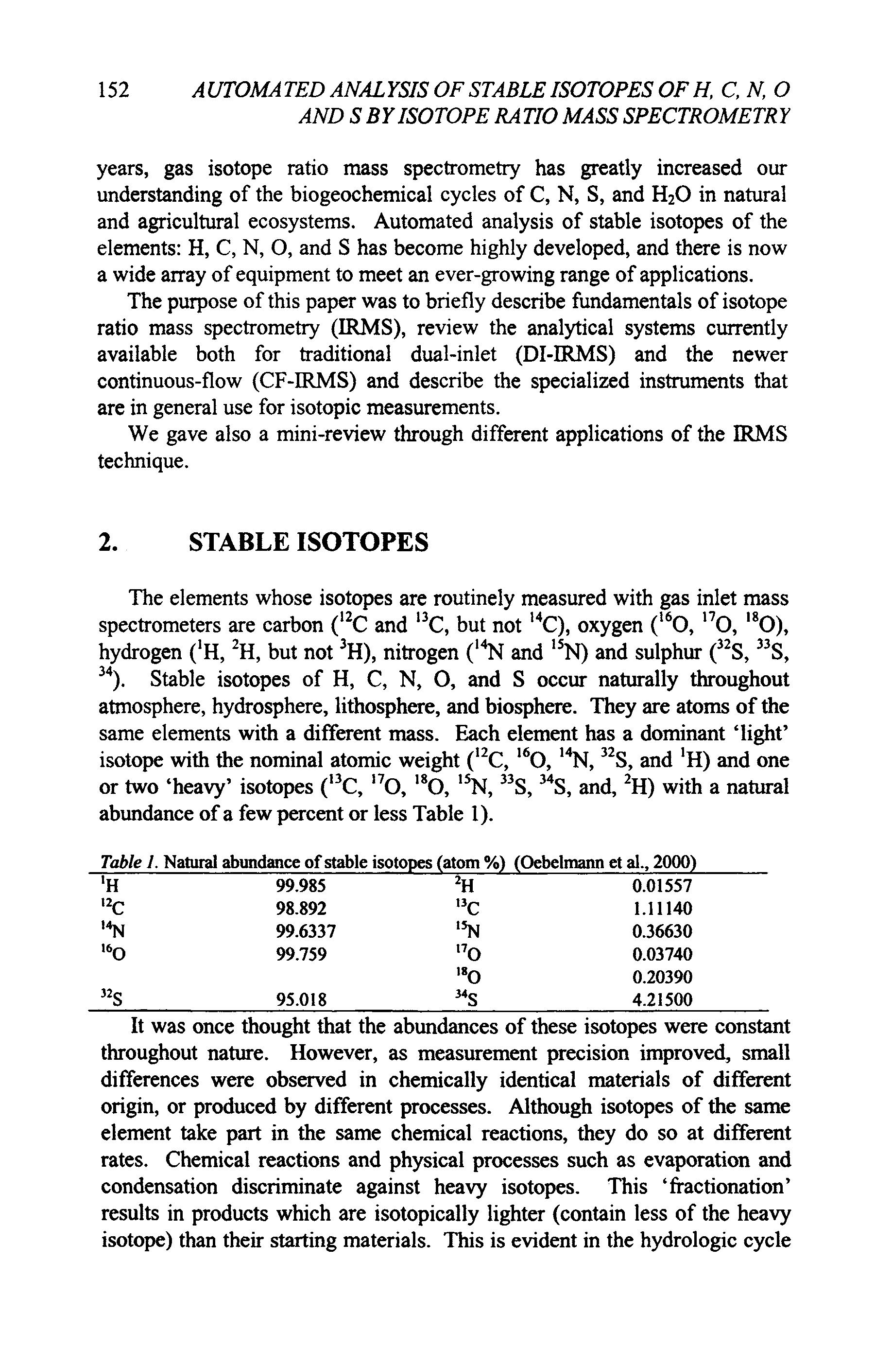 Table 1. Natural abundance of stable isotopes (atom %) (Oebelmann et al., 2000)...