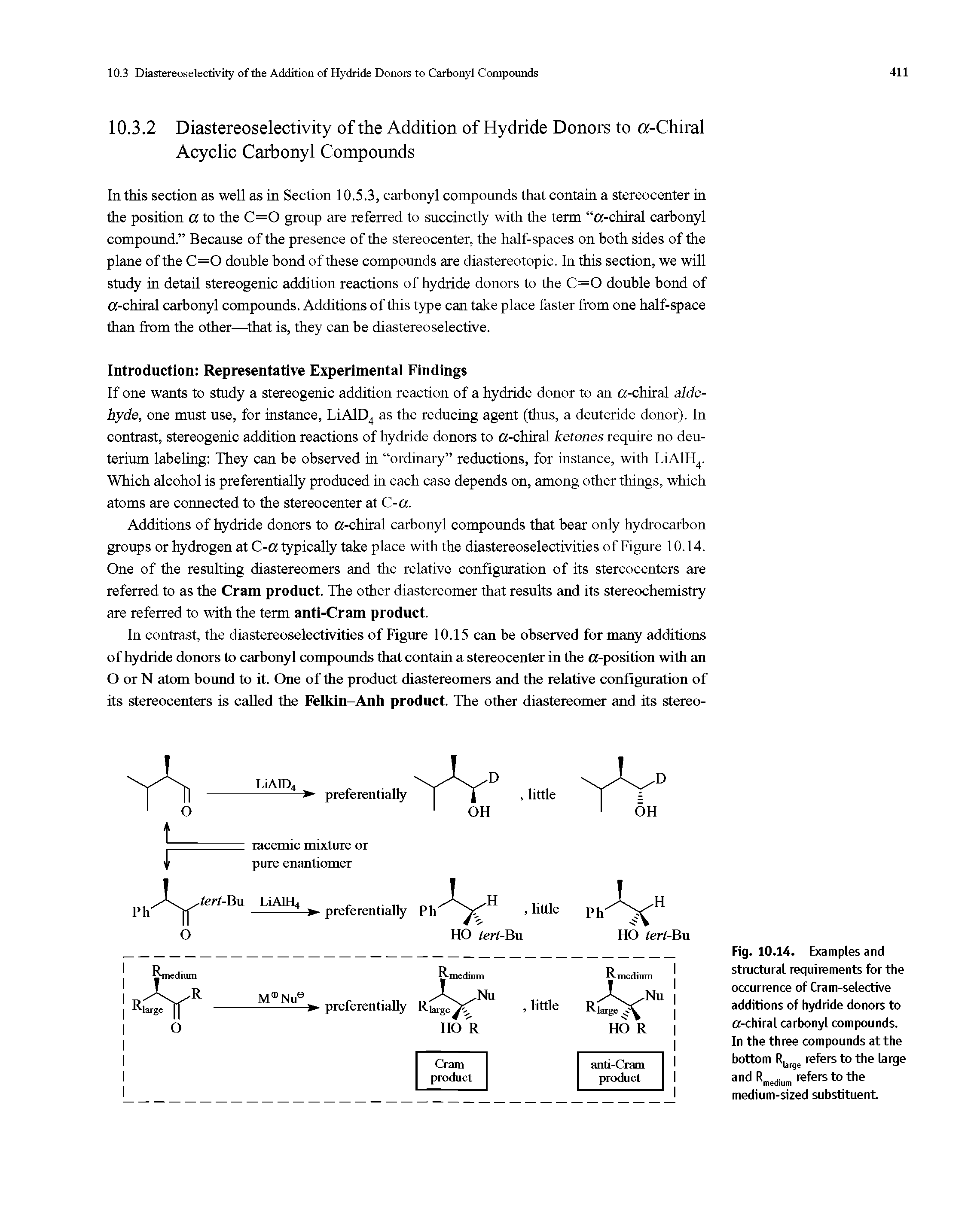 Fig. 10.14. Examples and structural requirements for the occurrence of Cram-selective additions of hydride donors to tt-chiral carbonyl compounds. In the three compounds at the bottom RUrge refers to the large...