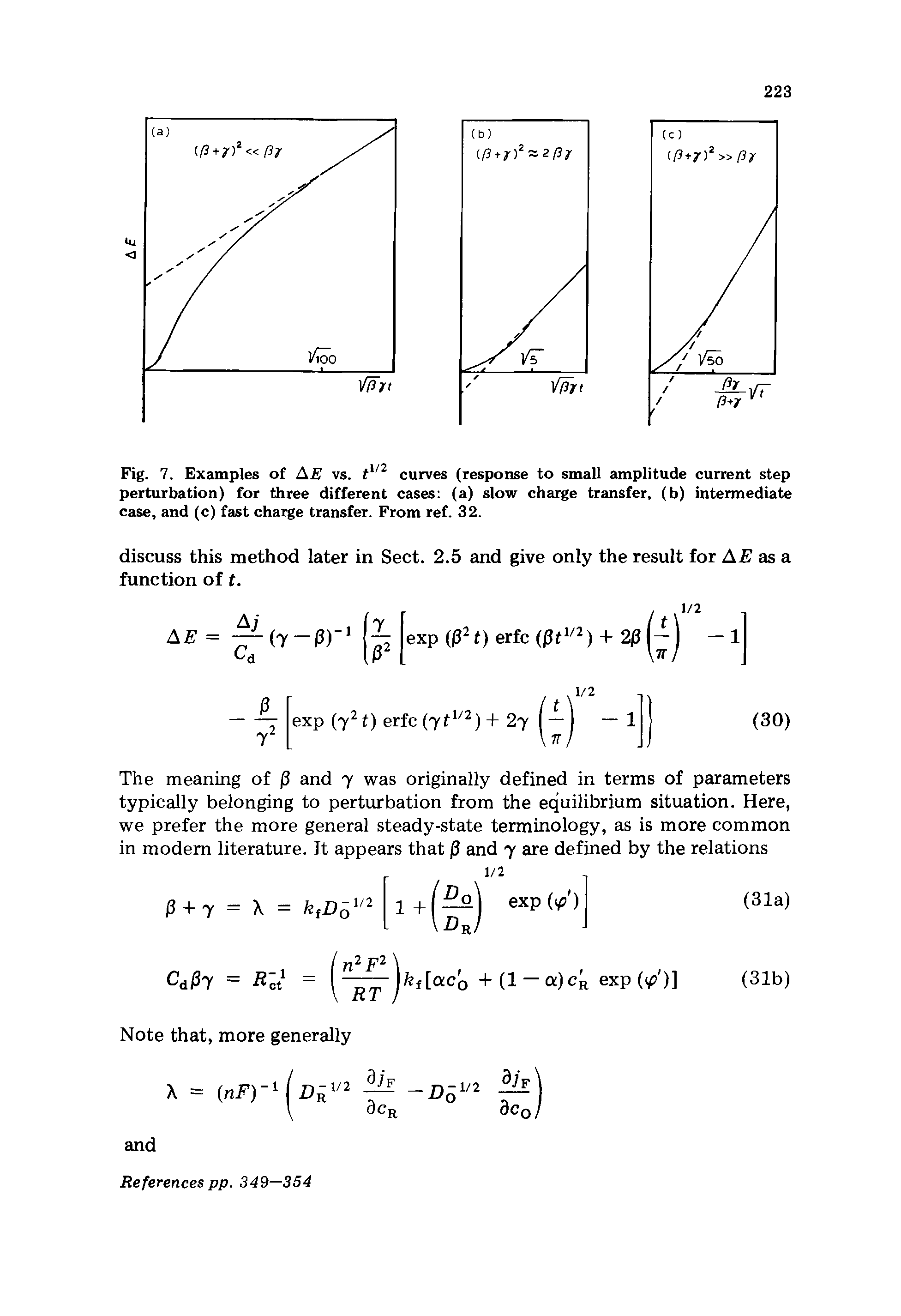 Fig. 7. Examples of AE vs. t112 curves (response to small amplitude current step perturbation) for three different cases (a) slow charge transfer, (b) intermediate case, and (c) fast charge transfer. From ref. 32.