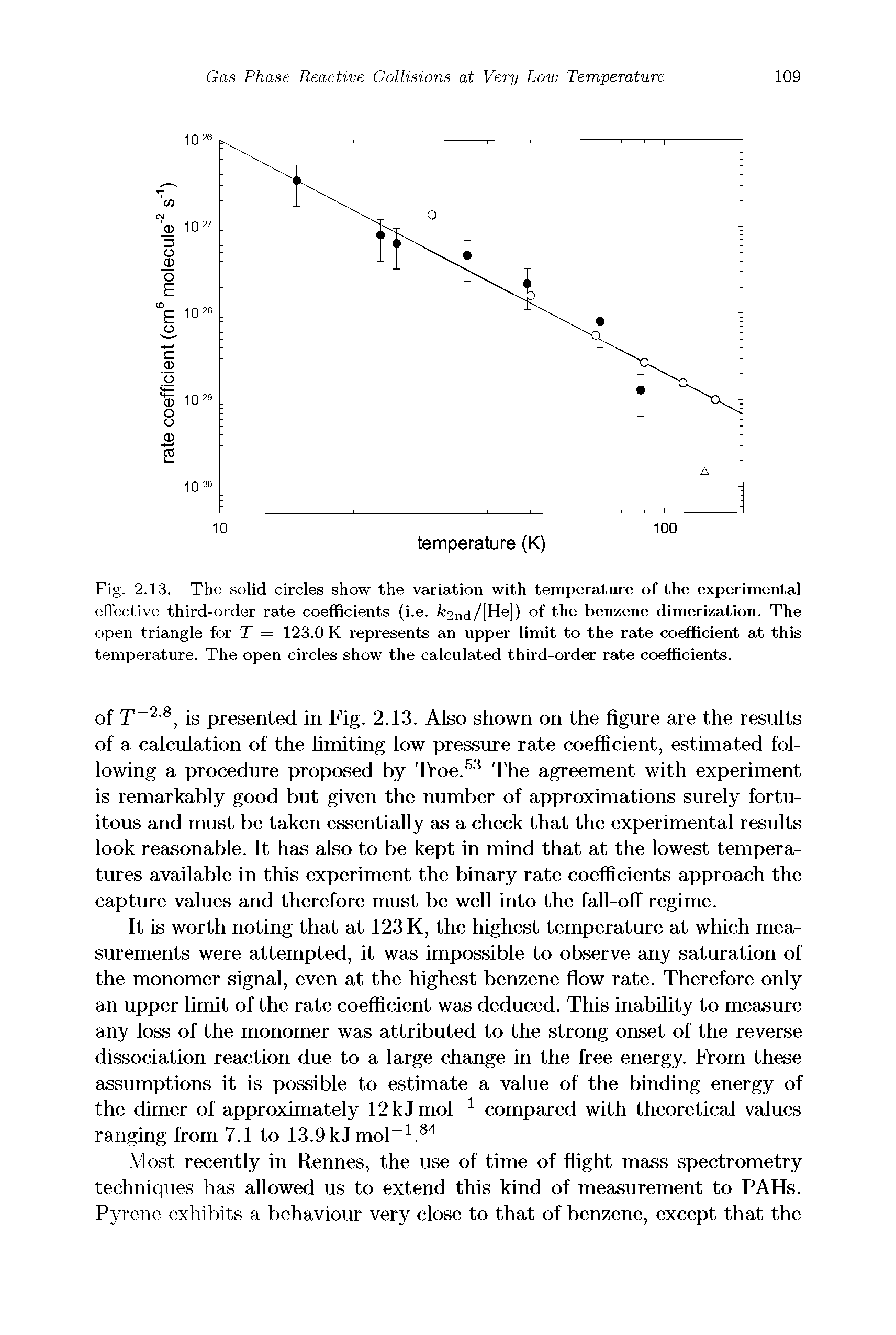 Fig. 2.13. The solid circles show the variation with temperature of the experimental effective third-order rate coefficients (i.e. Ai2nd/lHe)) of the benzene dimerization. The open triangle for T = 123.0 K represents an upper limit to the rate coefficient at this temperature. The open circles show the calculated third-order rate coefficients.