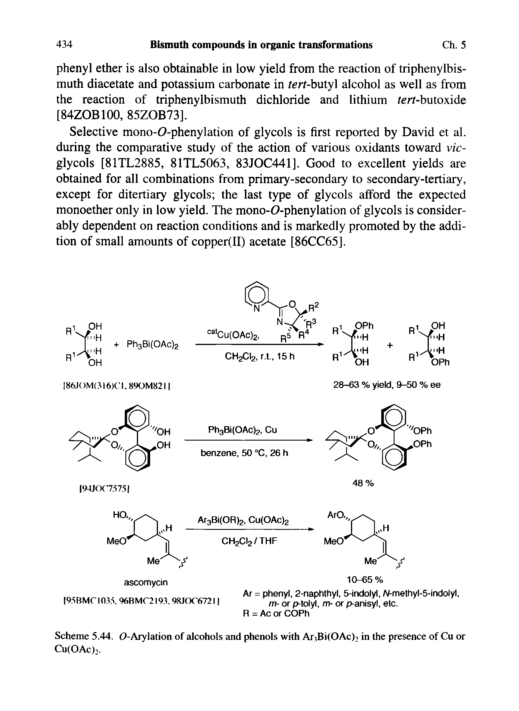 Scheme 5.44. 0-Arylation of alcohols and phenols with Ar,Bi(OAc)2 in the presence of Cu or Cu(OAc)2.