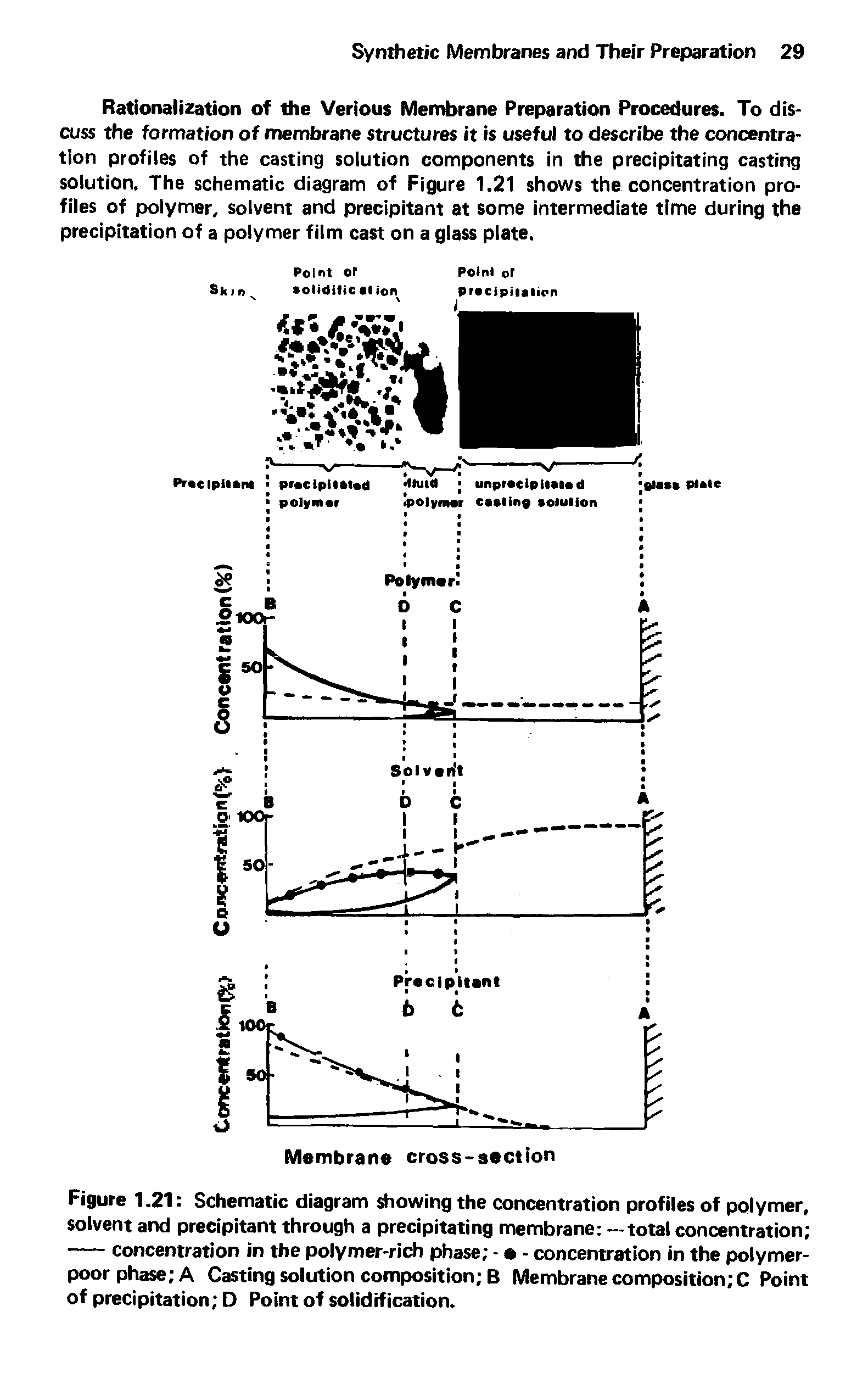 Figure 1.21 Schematic diagram showing the concentration profiles of polymer, solvent and precipitant through a precipitating membrane —total concentration ...