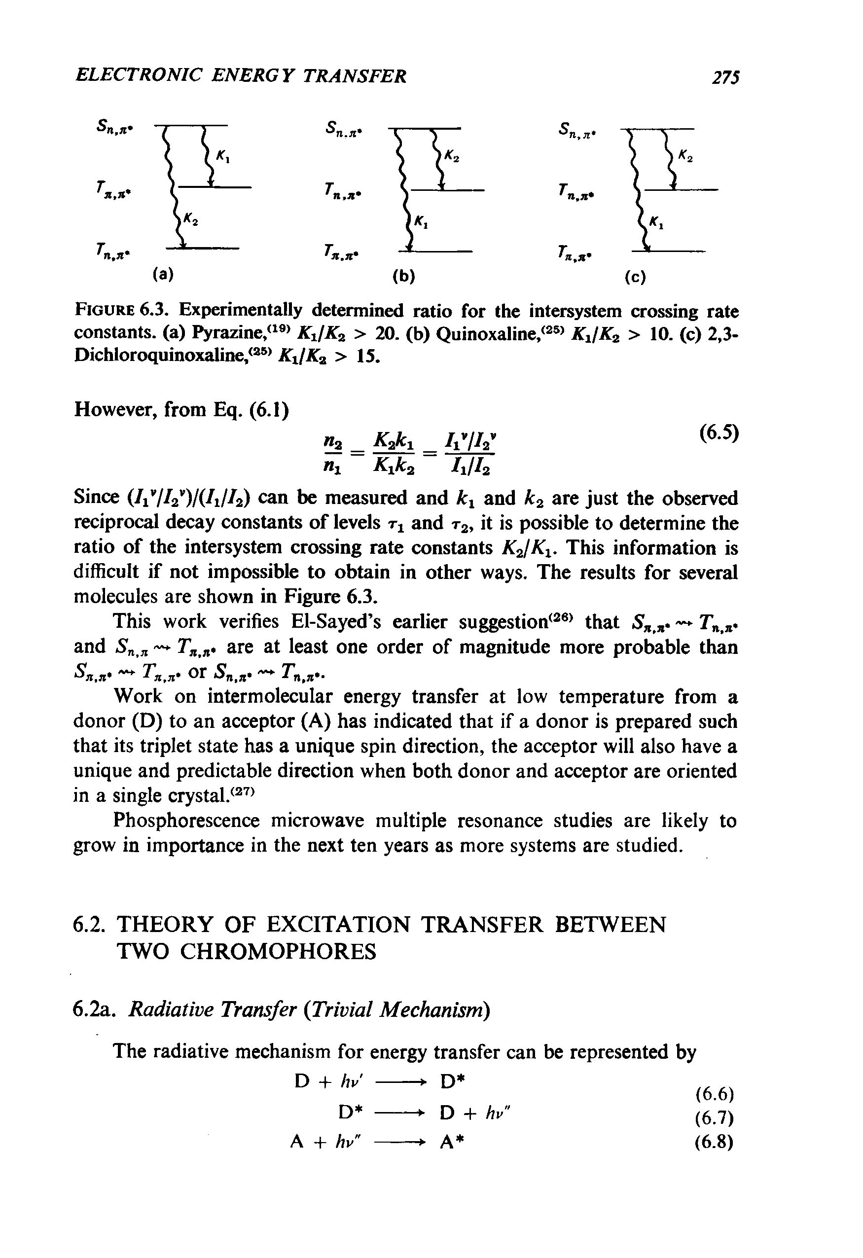 Figure 6.3. Experimentally determined ratio for the intersystem crossing rate constants, (a) Pyrazine,(19) KJKz > 20. (b) Quinoxaline, 25 KJK2 > 10. (c) 2,3-Dichloroquinoxaline,<25) KX/K2 >15.