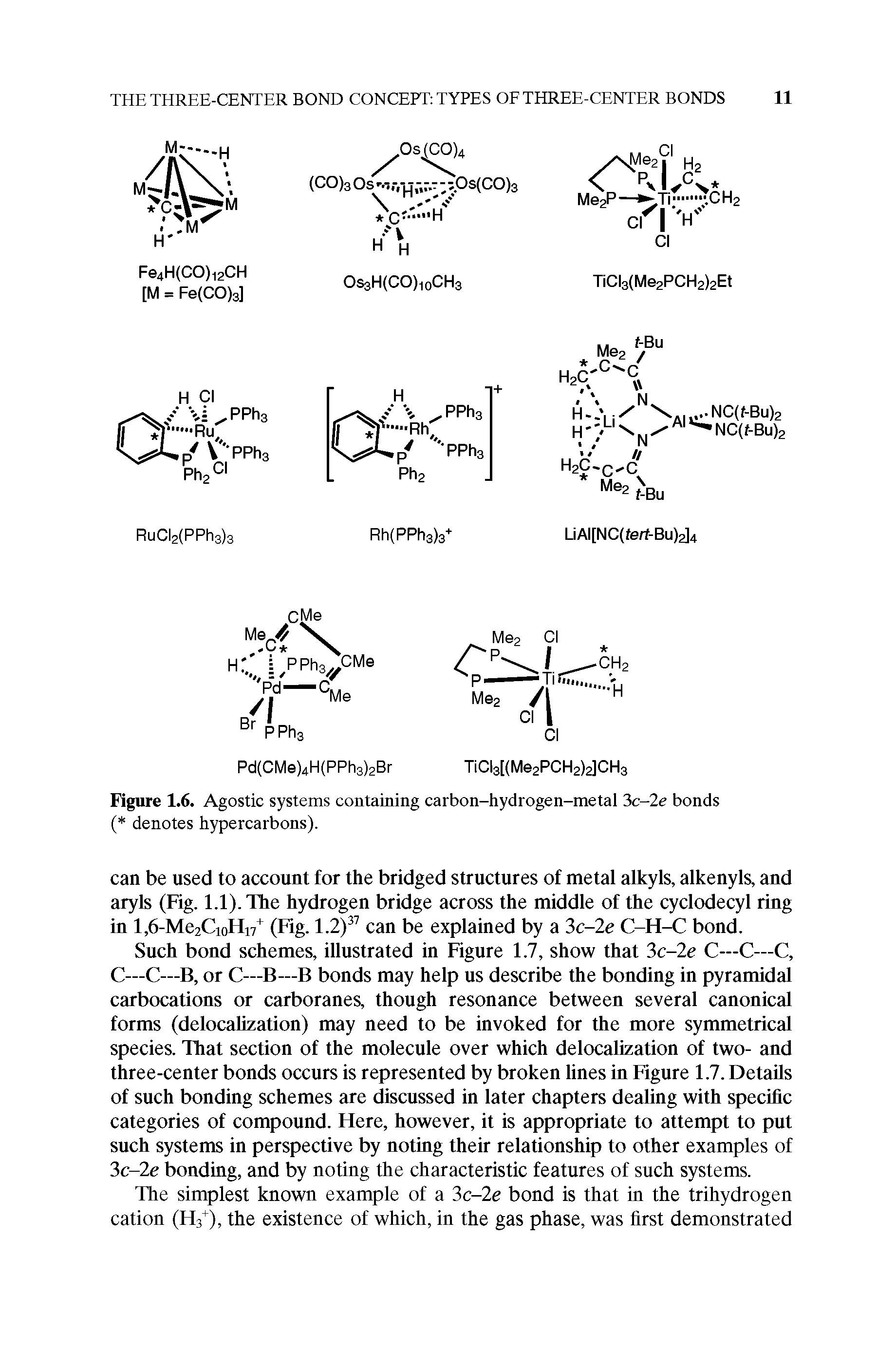 Figure 1.6. Agostic systems containing carbon-hydrogen-metal 3c-2e bonds ( denotes hypercarbons).