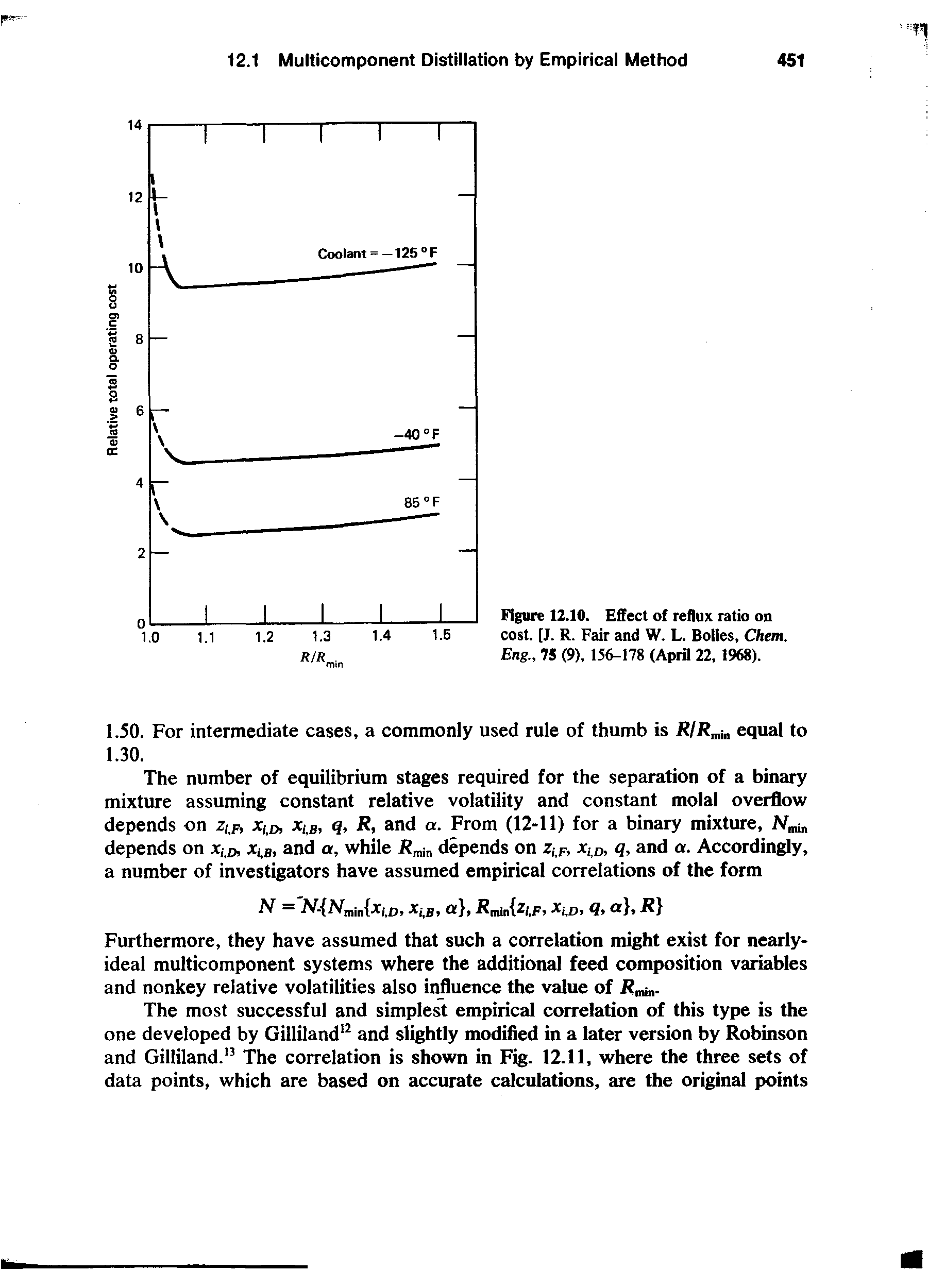 Figure 12.10. Effect of reflux ratio on cost. [J. R. Fair and W. L. Botles, Chem. Eng., 75 (9), 156-178 (April 22, 1968).
