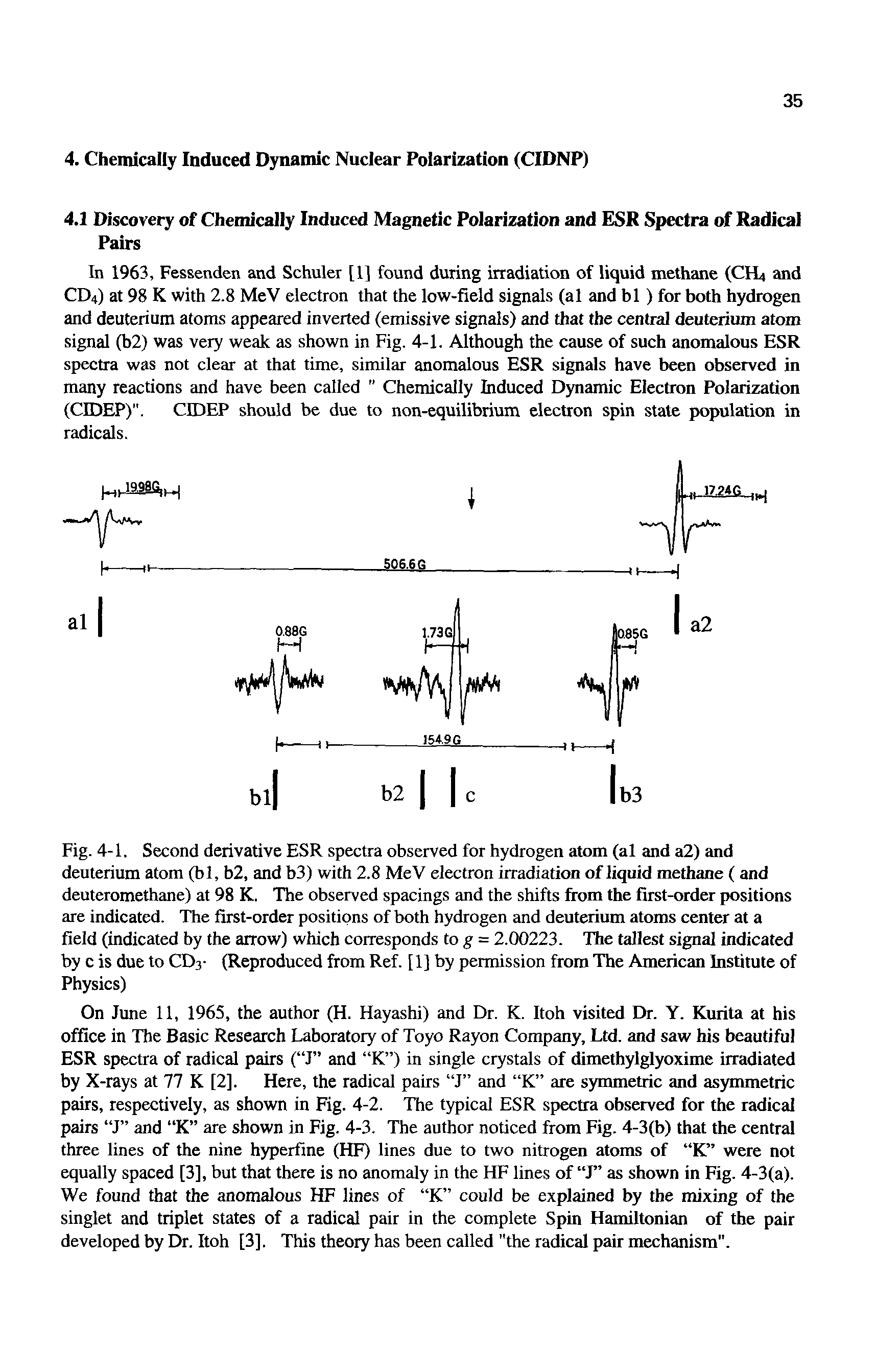 Fig. 4-1. Second derivative ESR spectra observed for hydrogen atom (al and a2) and deuterium atom (bl, b2, and b3) with 2.8 MeV electron irradiation of liquid methane ( and deuteromethane) at 98 K. The observed spacings and the shifts from the first-order positions are indicated. The first-order positions of both hydrogen and deuterium atoms center at a field (indicated by the arrow) which corresponds to g = 2.00223. The tallest signal indicated by c is due to CDa- (Reproduced from Ref. [ 1] by permission from The American Institute of Physics)...