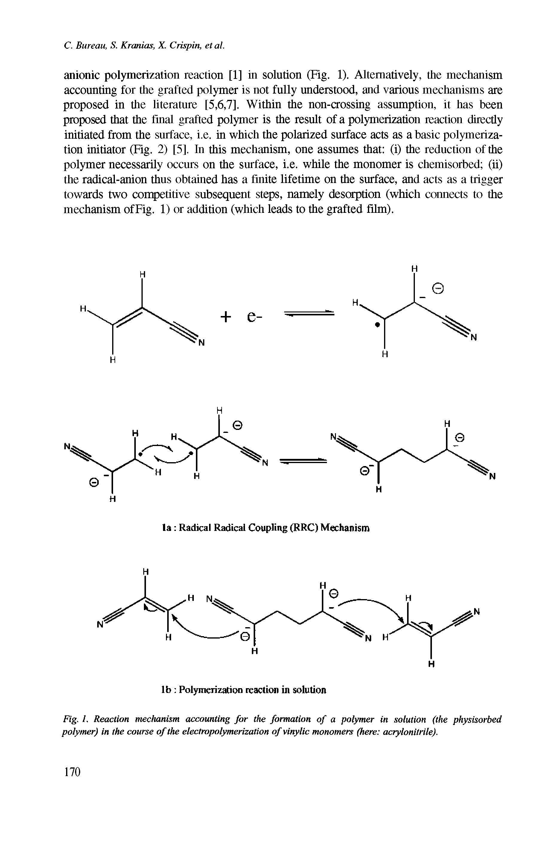 Fig. I. Reaction mechanism accounting for the formation of a polymer in solution (the physisorbed polymer) in the course of the electropolymerization of vinylic monomers (here acrylonitrile).