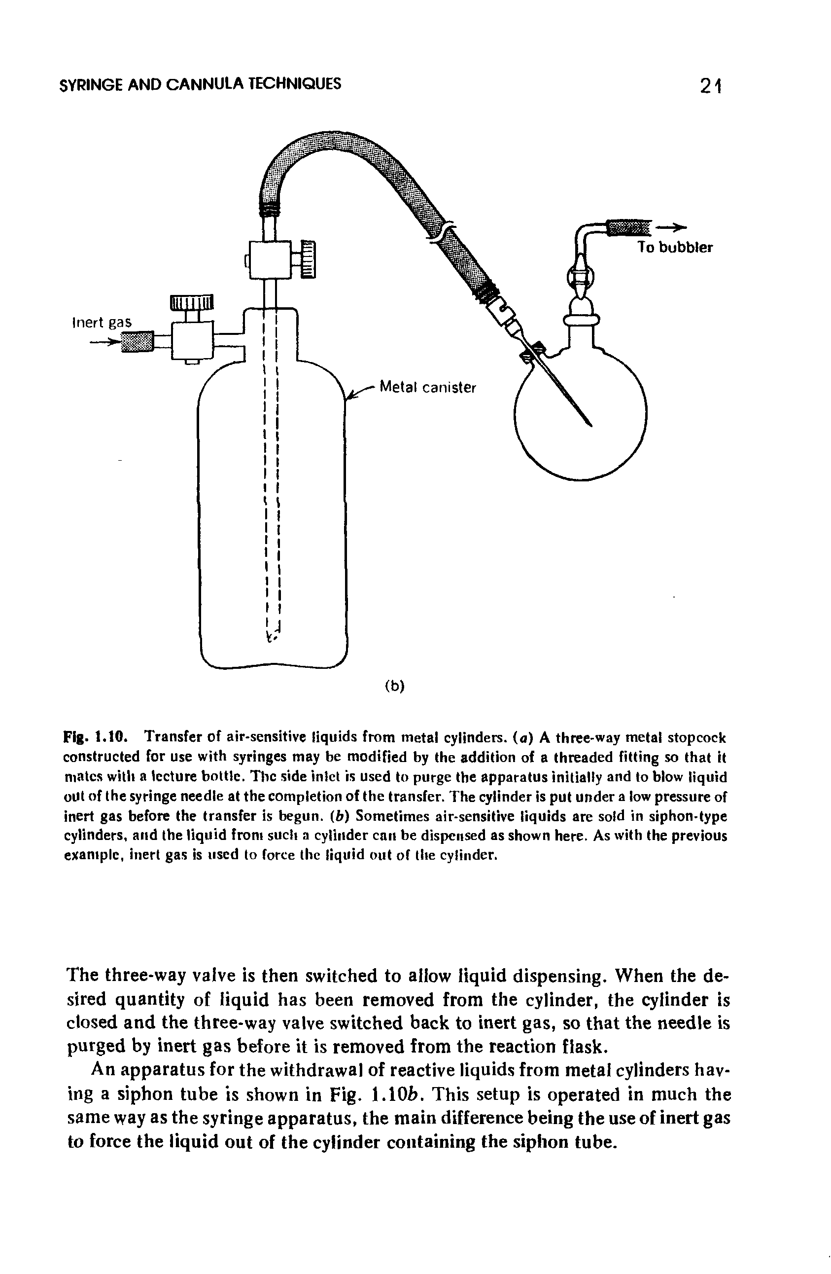 Fig. 1.10. Transfer of air-sensitive liquids from metal cylinders, (a) A three-way metal stopcock constructed for use with syringes may be modified by the addition of a threaded fitting so that it mates with a lecture bottle. The side inlet is used to purge the apparatus initially and to blow liquid out of the syringe needle at the completion of the transfer. The cylinder is put under a low pressure of inert gas before the transfer is begun, (b) Sometimes air-sensitive liquids are sold in siphon-type cylinders, and the liquid from such a cylinder can be dispensed as shown here. As with the previous example, inert gas is used to force the liquid out of the cylinder.