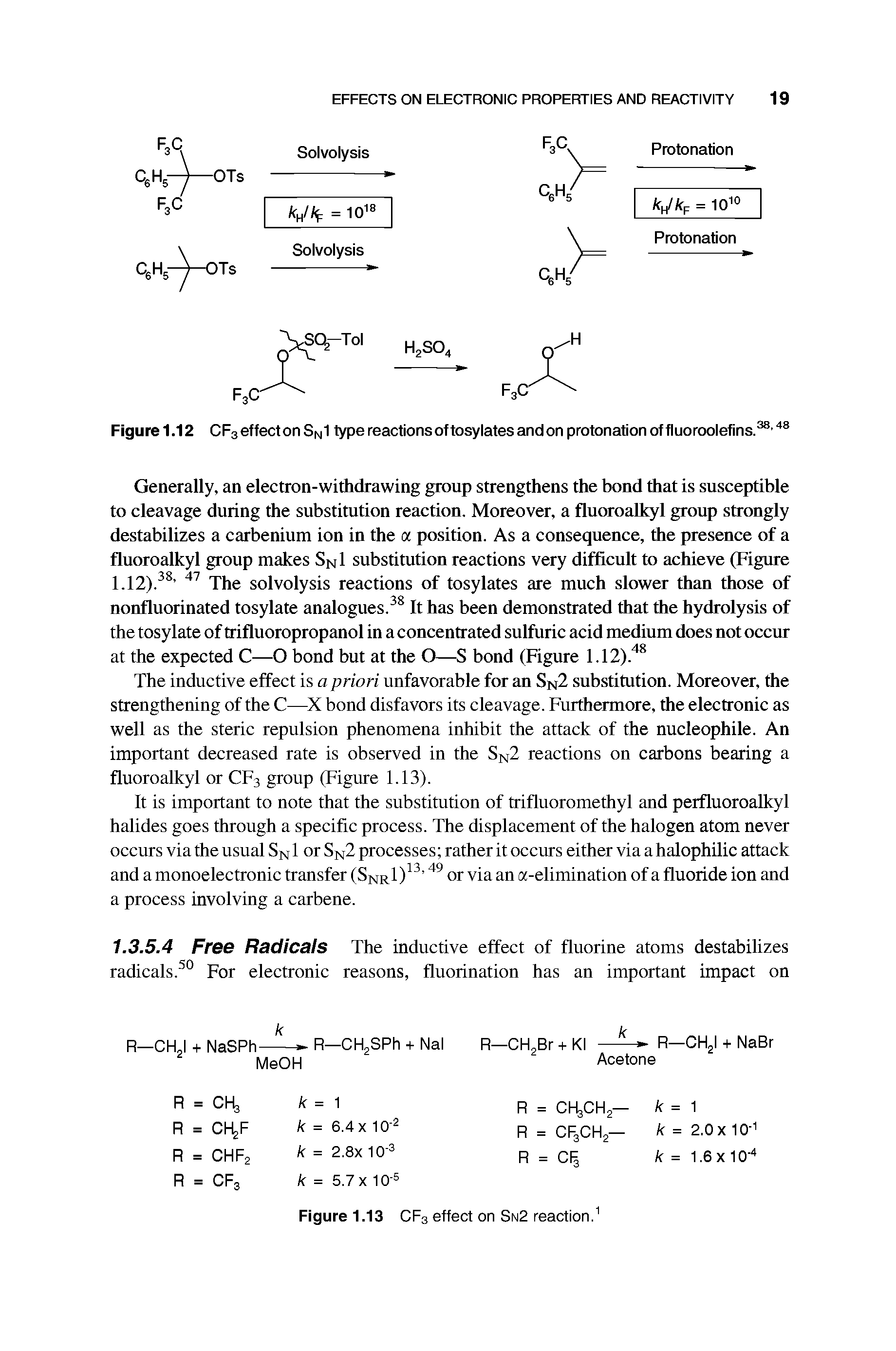 Figure 1.12 CF3 effect on Sn1 type reactions oftosylates and on protonation of fluoroolefins.