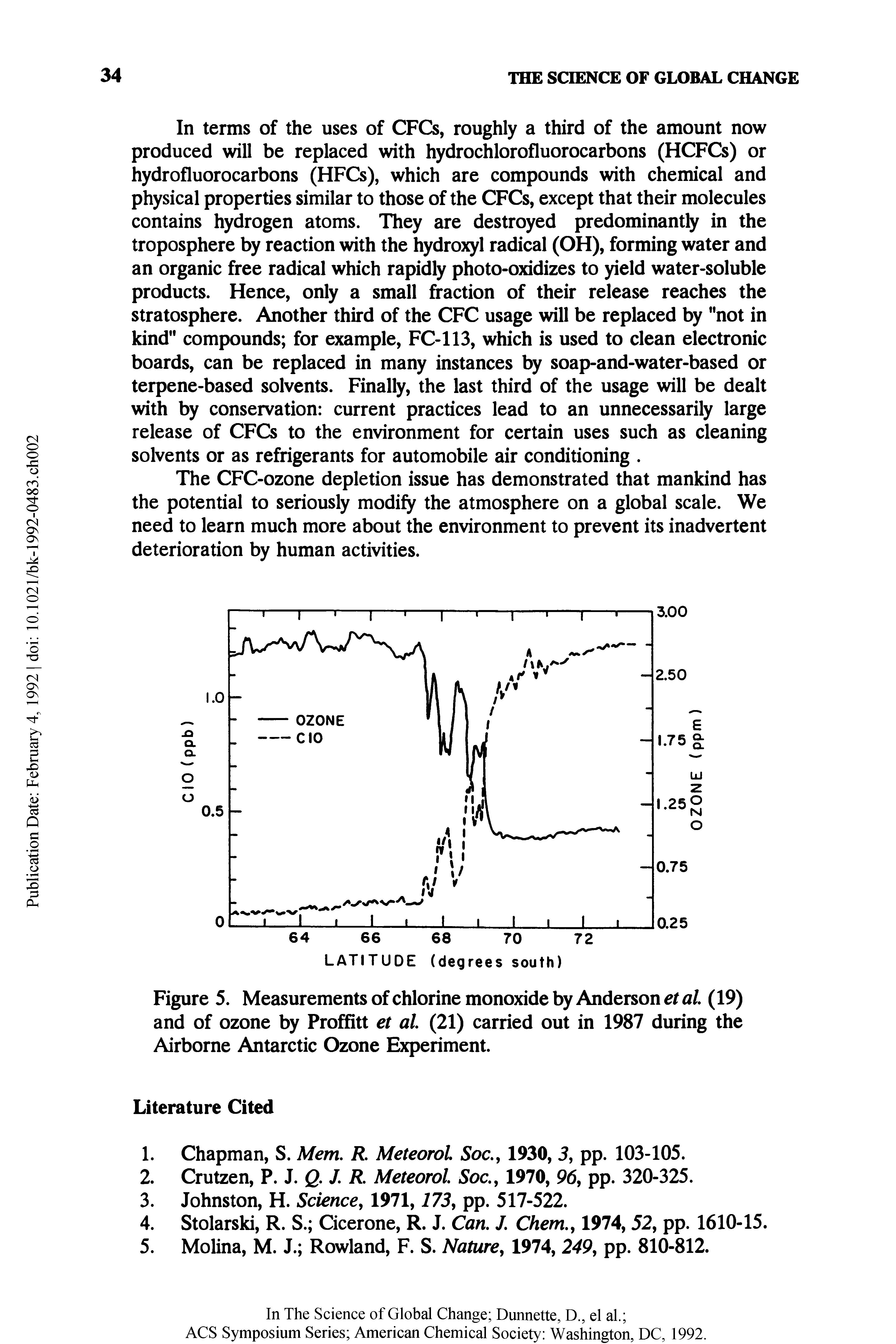 Figure 5. Measurements of chlorine monoxide by Anderson et al (19) and of ozone by Proffitt et al (21) carried out in 1987 during the Airborne Antarctic Ozone Experiment.