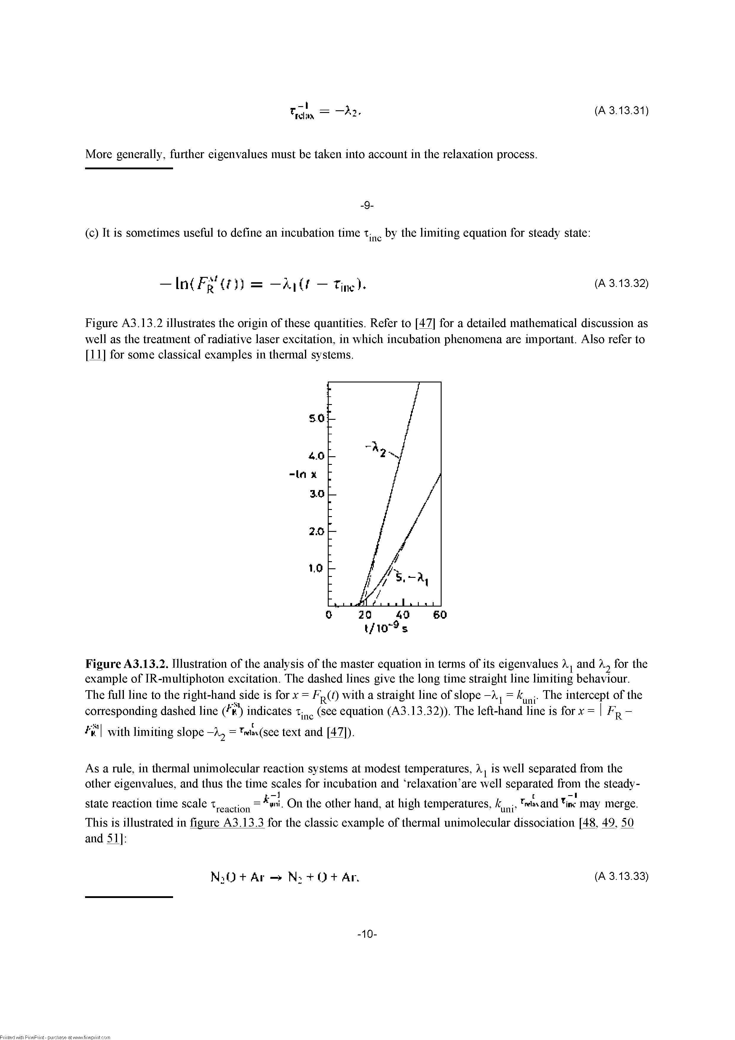 Figure A3.13.2. Illustration of the analysis of the master equation in temis of its eigenvalues and example of IR-multiphoton excitation. The dashed lines give the long time straight line luniting behaviour. The fiill line to the right-hand side is for v = F (t) with a straight line of slope The intercept of the...