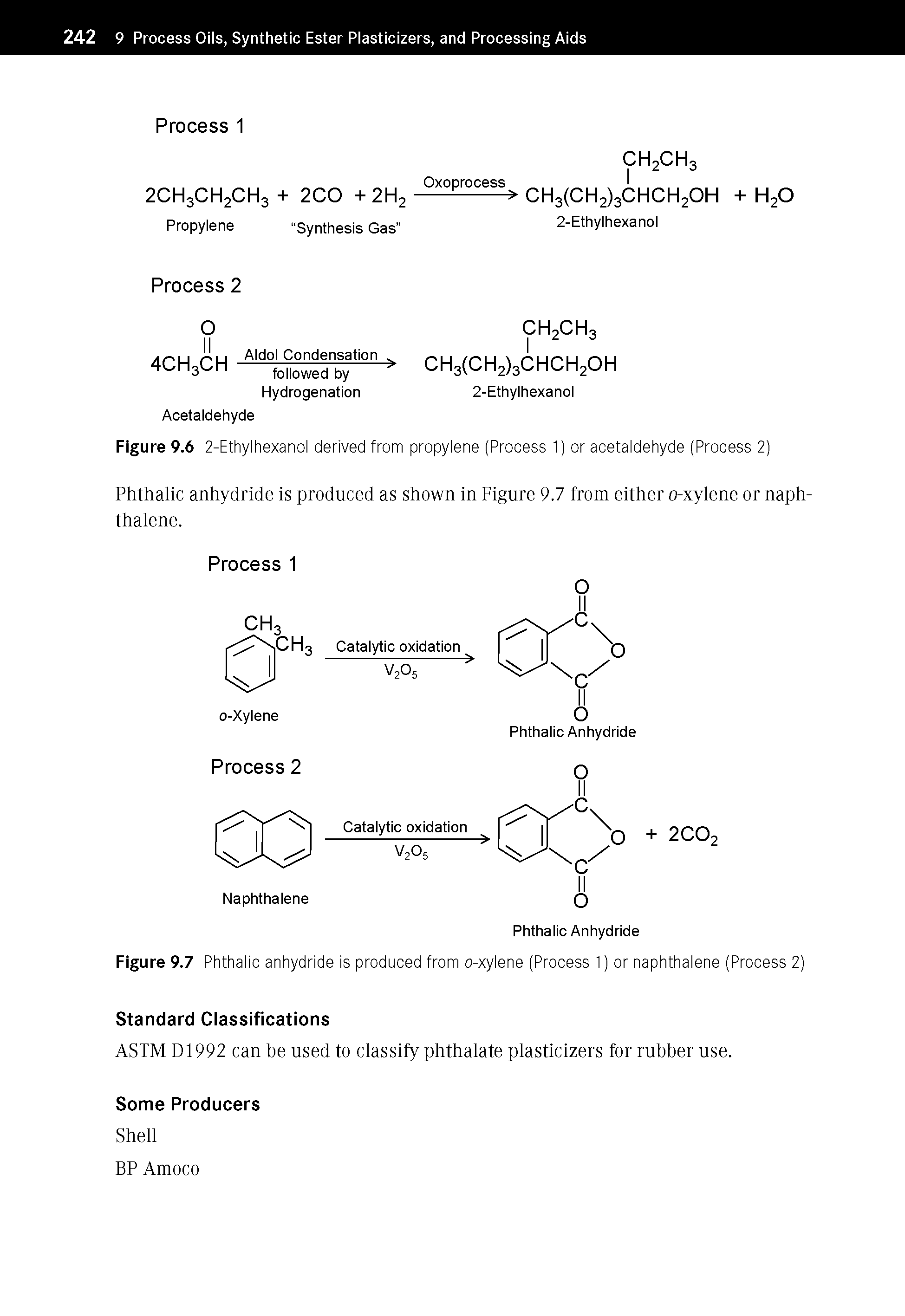 Figure 9.7 Phthalic anhydride is produced from o-xylene (Process 1) or naphthalene (Process 2)...