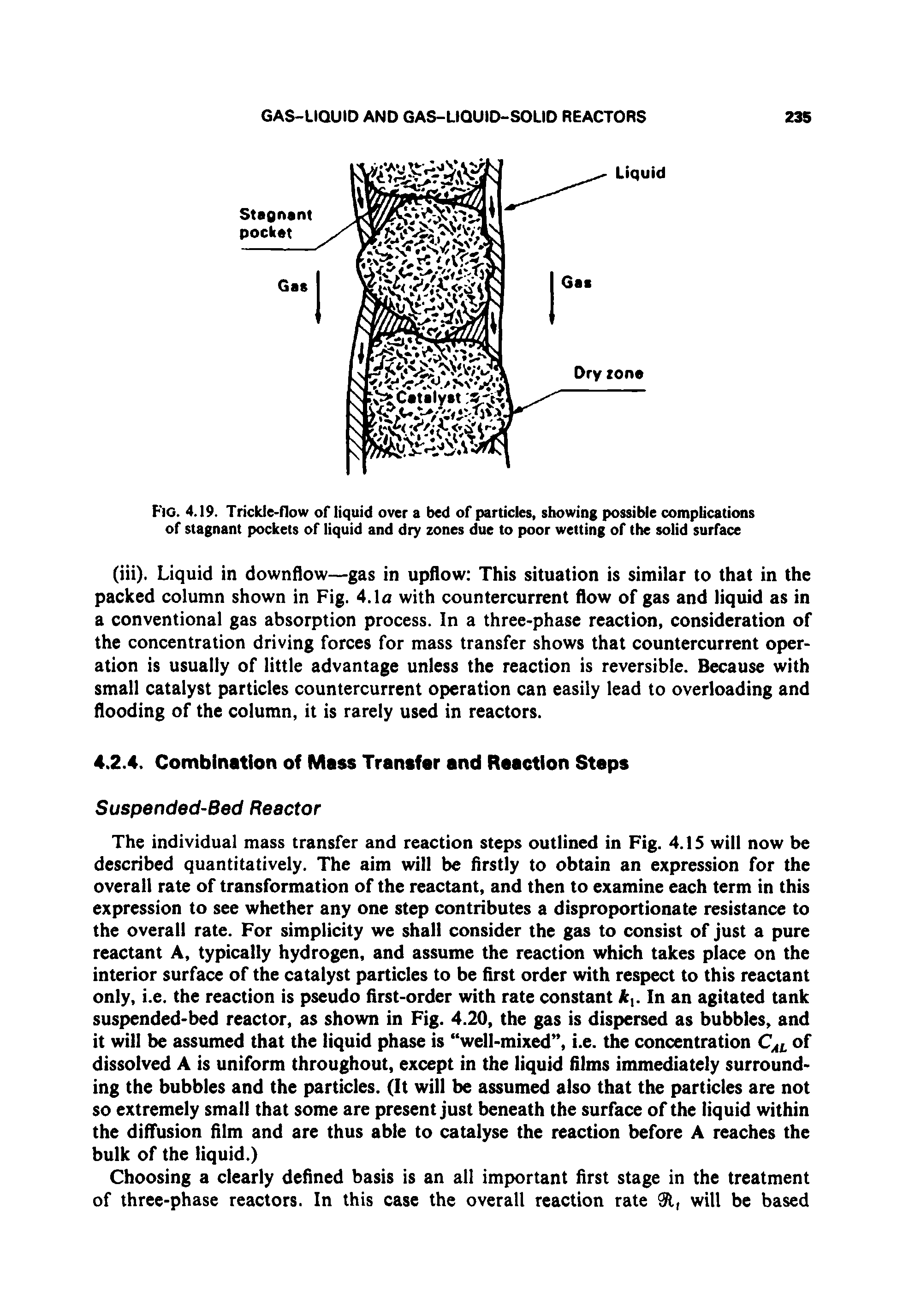 Fig. 4.19. Trickle-flow of liquid over a bed of particles, showing possible complications of stagnant pockets of liquid and dry zones due to poor wetting of the solid surface...