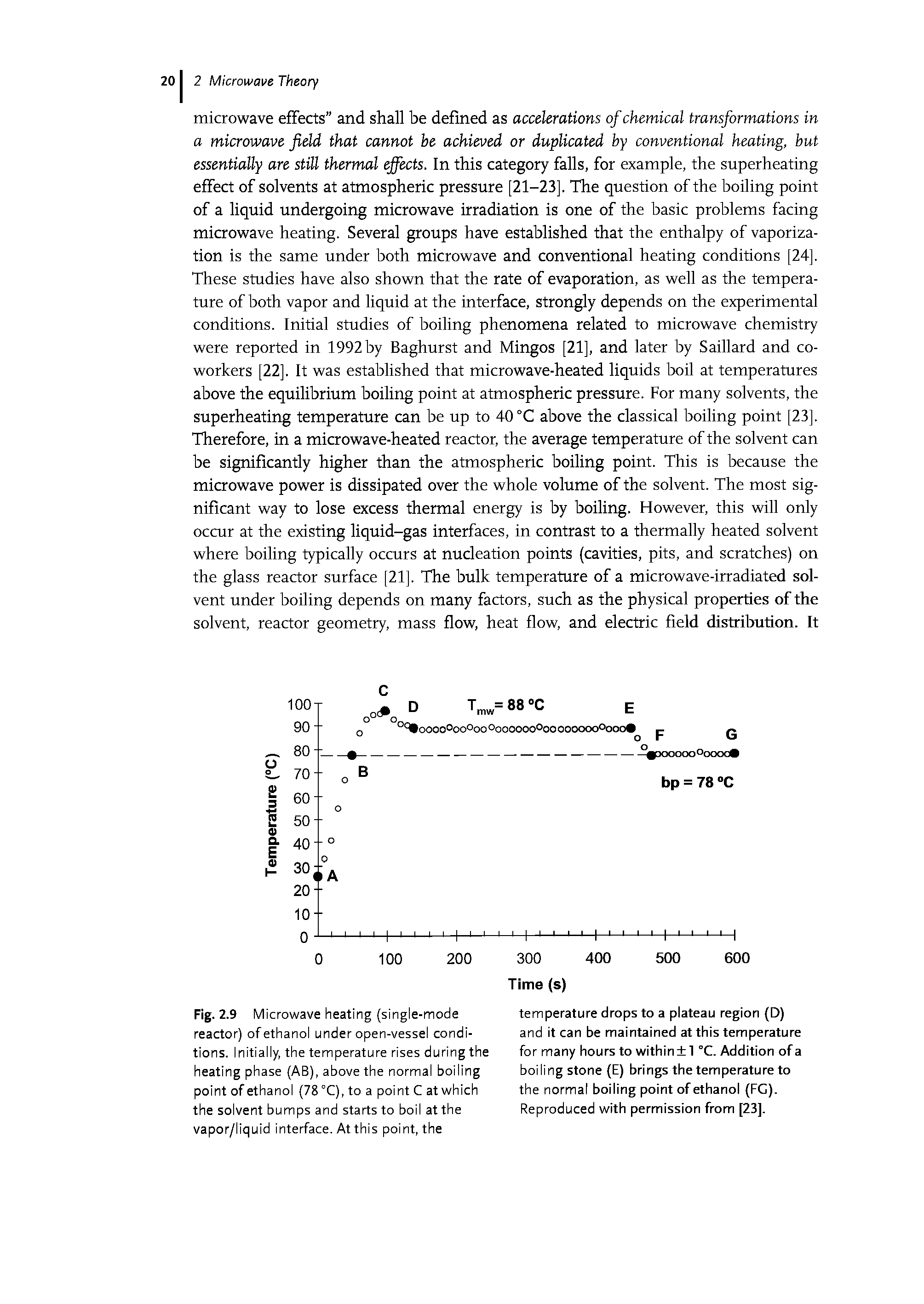 Fig. 2.9 Microwave heating (single-mode reactor) of ethanol under open-vessel conditions. Initially, the temperature rises during the heating phase (AB), above the normal boiling point of ethanol (78 °C), to a point C at which the solvent bumps and starts to boil at the vapor/liquid interface. At this point, the...