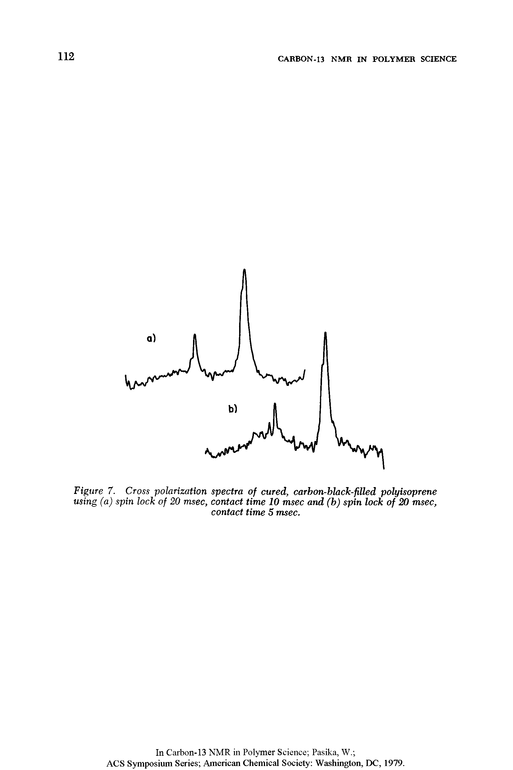 Figure 7. Cross polarization spectra of cured, carhon-black-filled polyisoprene using (a) spin lock of 20 msec, contact time 10 msec and (b) spin lock of 20 msec,...